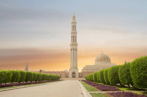 Vista della grande moschea di muscat al tramonto