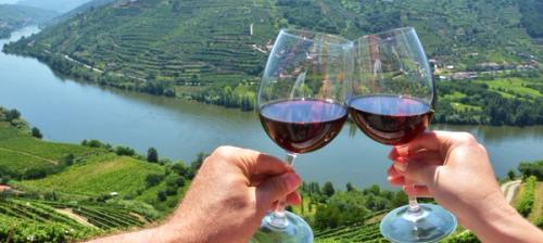 coppia brinda con calici di vino rosso nella valle del douro