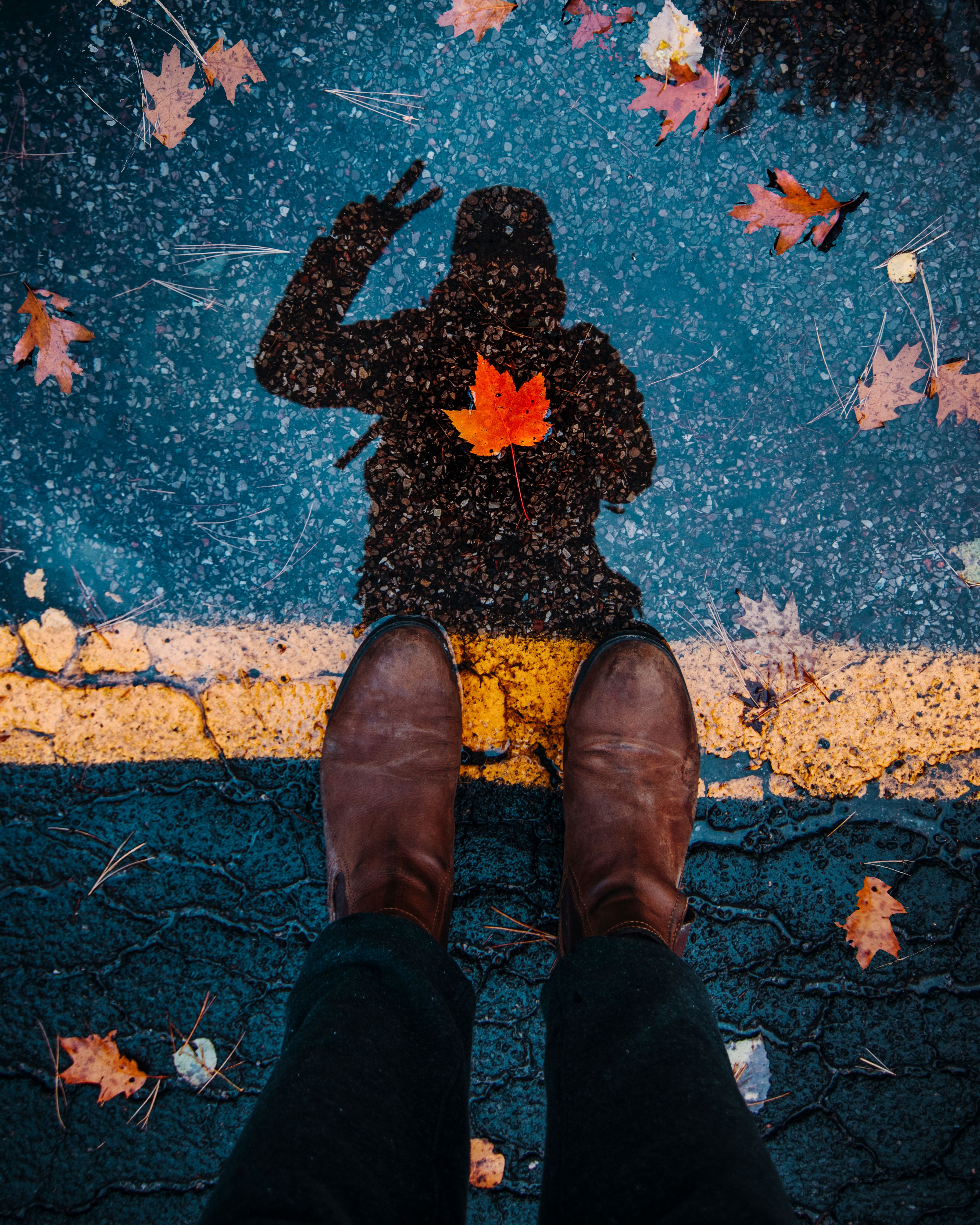 ragazza scatta foto su strada bagnata da pioggia foliage