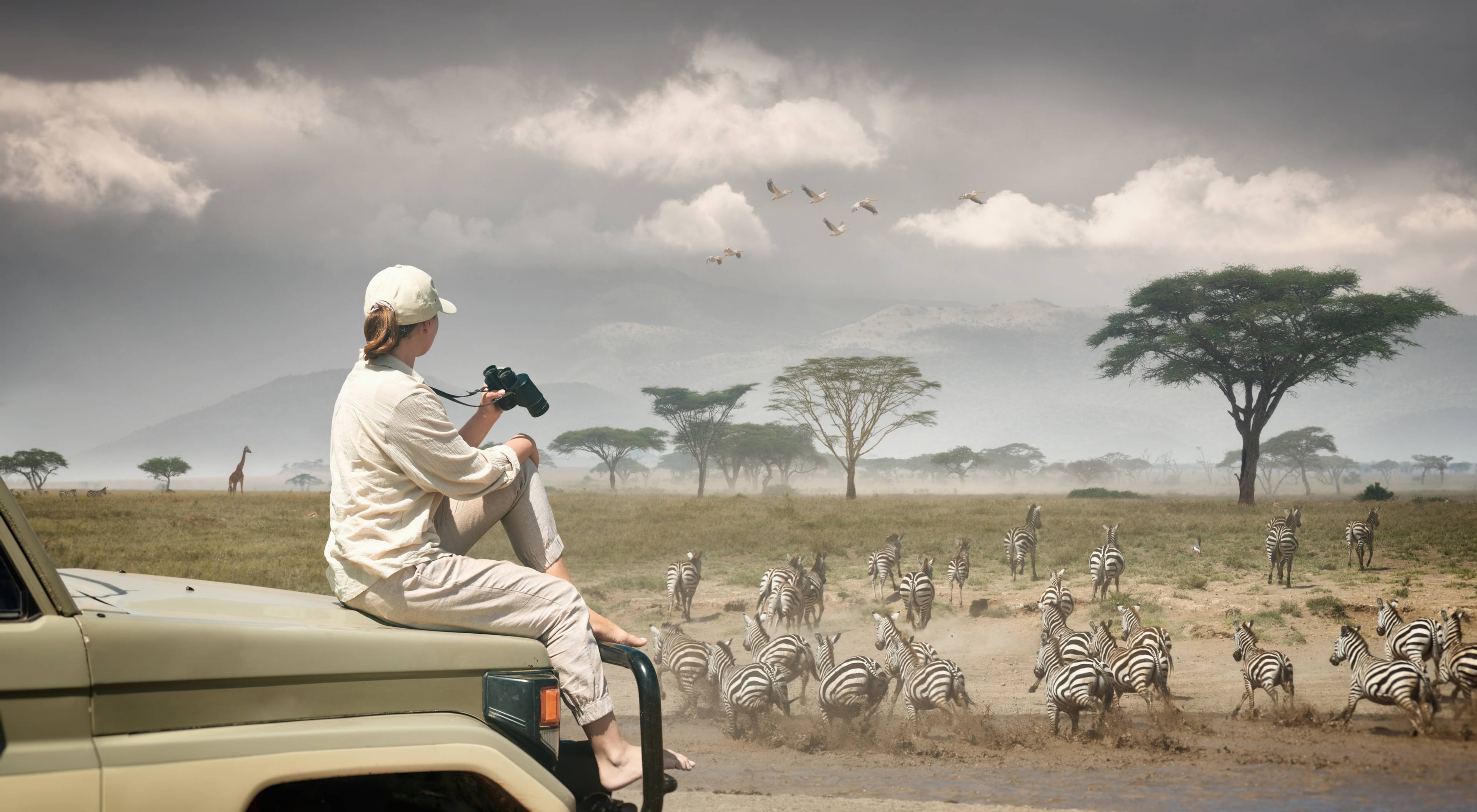 donna che fa safari nel serengeti