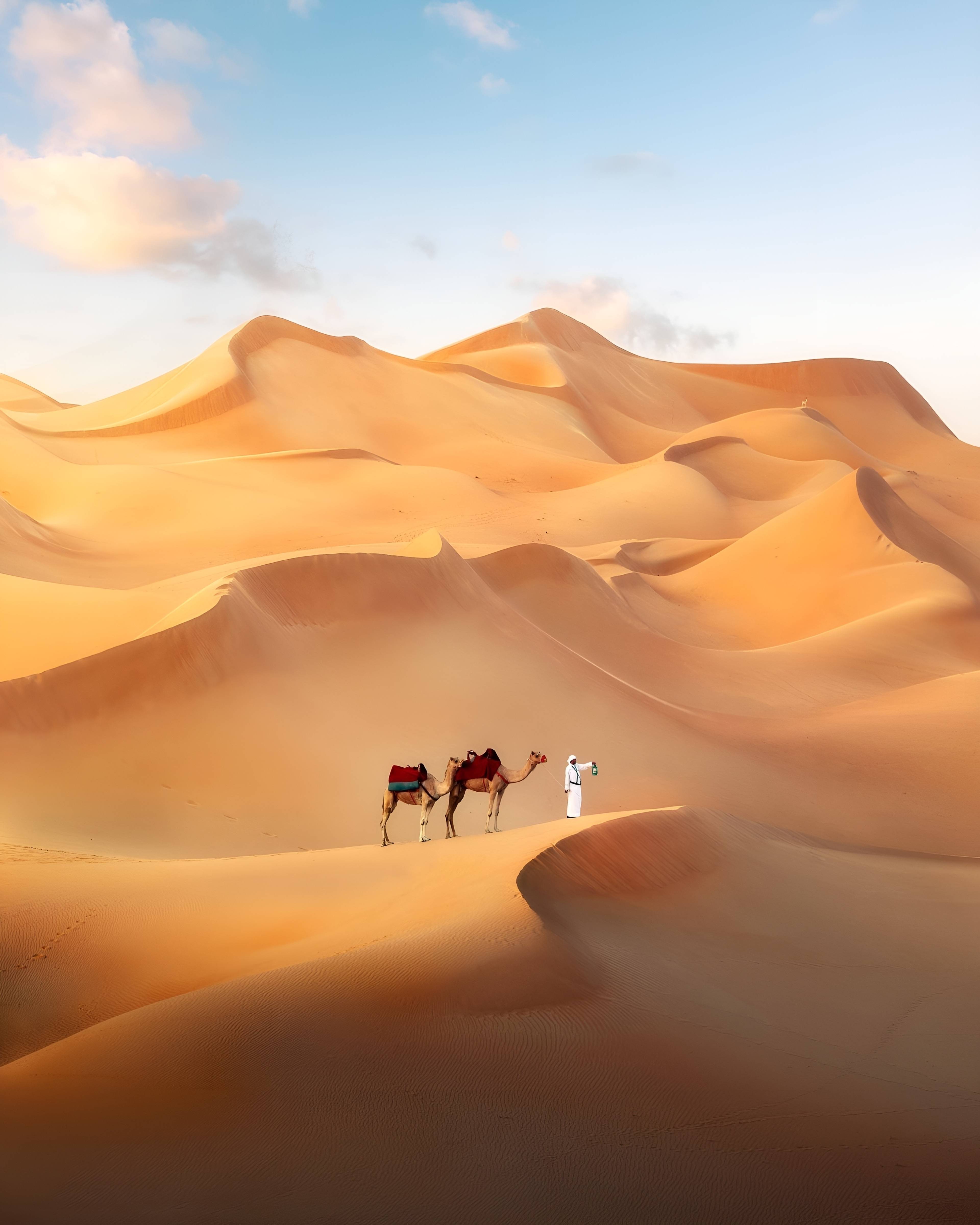 uomo che cammina con due cammelli nel deserto