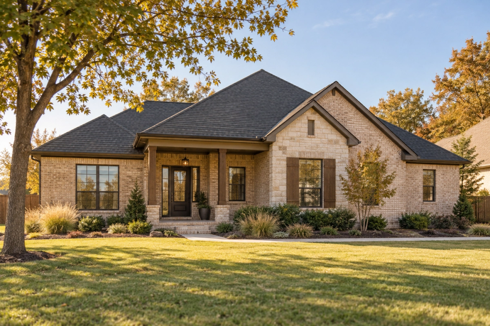 Illustrative single-story brick home with a covered porch, shingle roof, and autumn oak trees in a Central Oklahoma setting