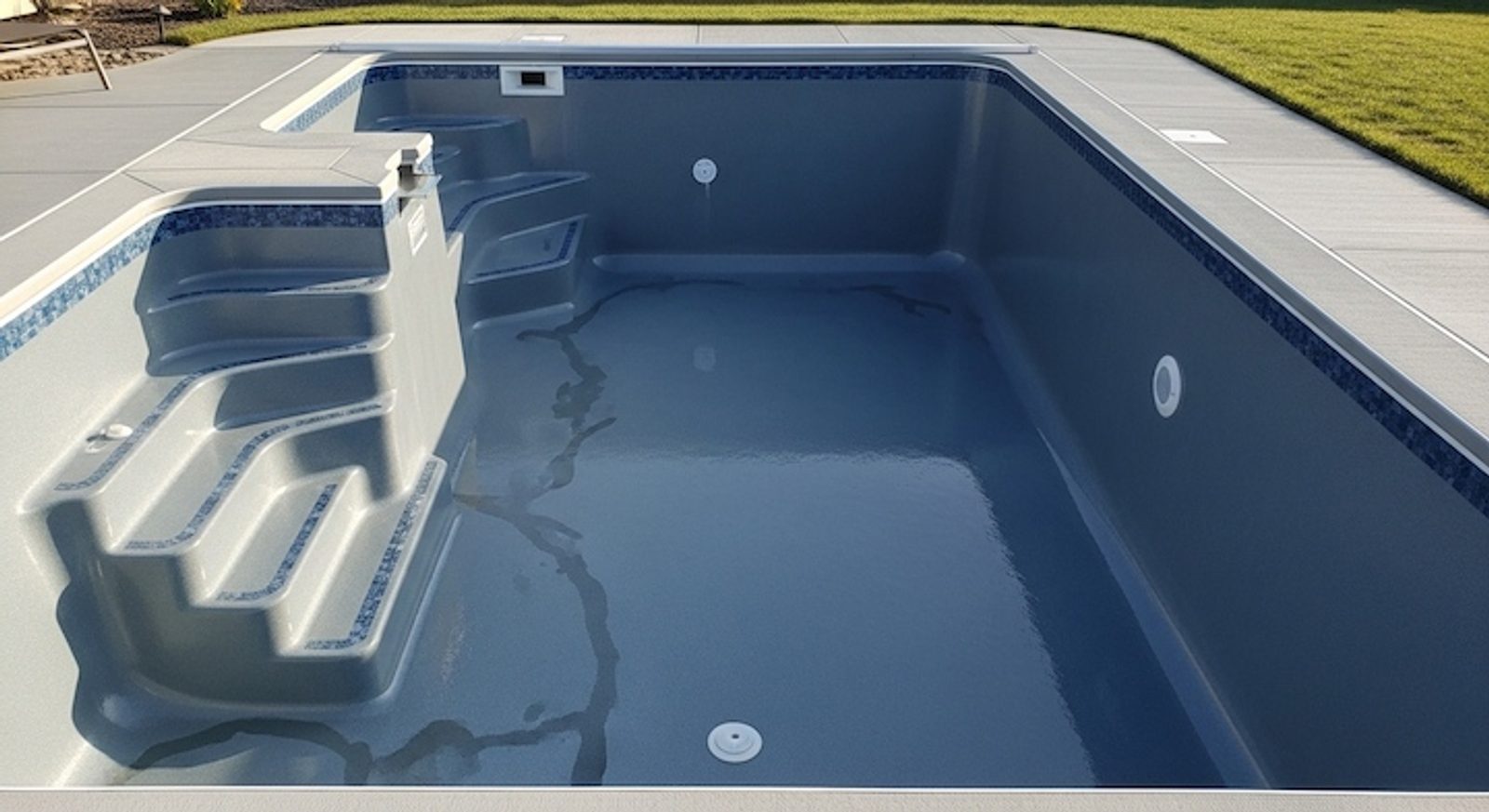 Rectangular fiberglass pool with glossy gelcoat surface