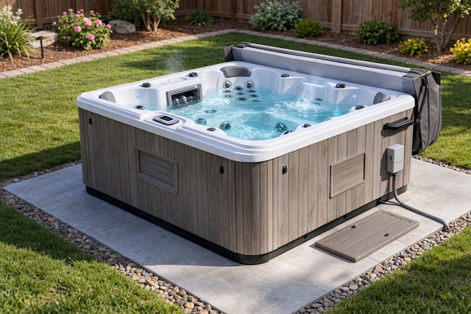 Portable stand alone hot tub on a concrete pad