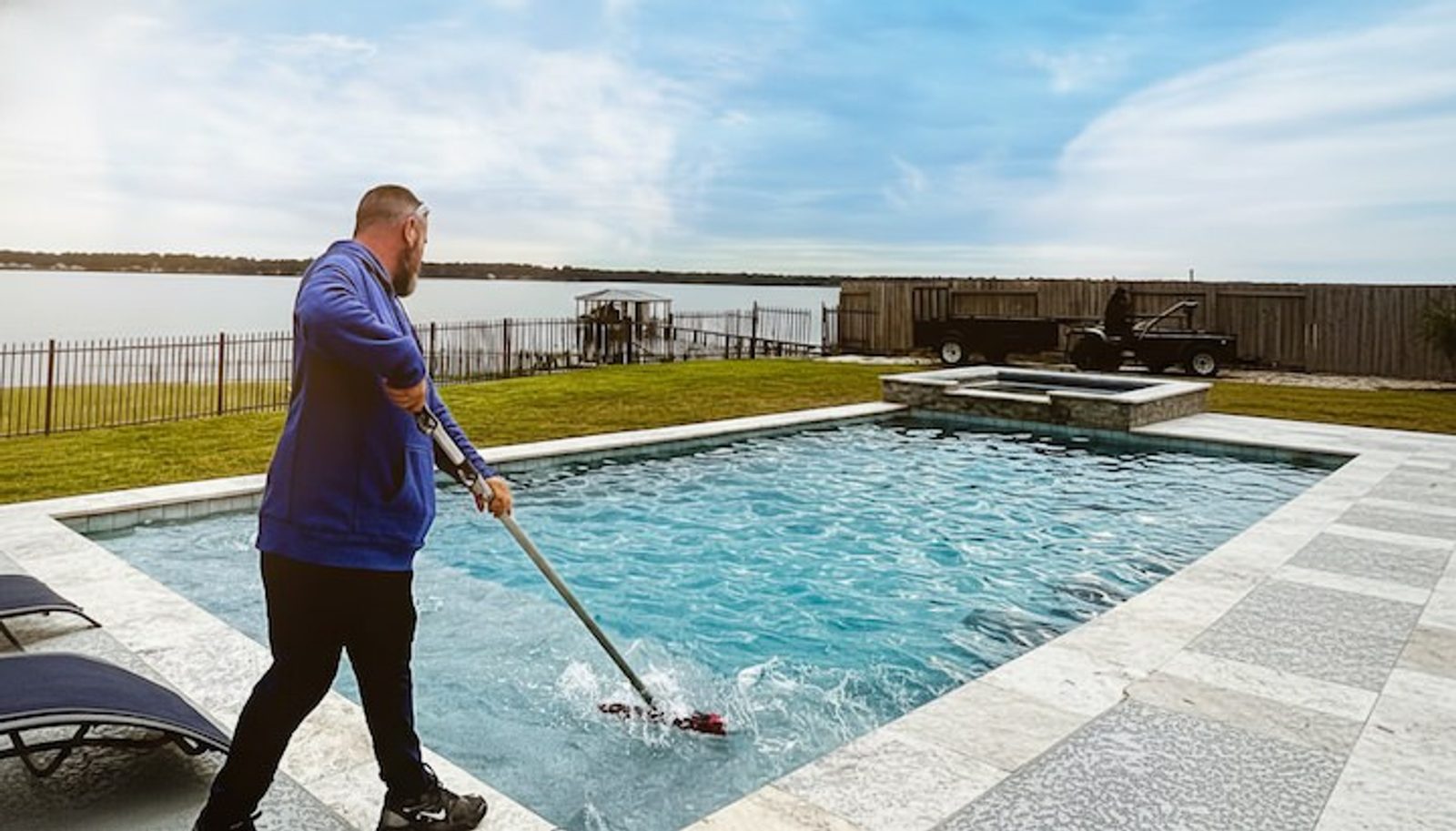 Professional pool cleaning and maintenance ensuring proper water circulation and balance.