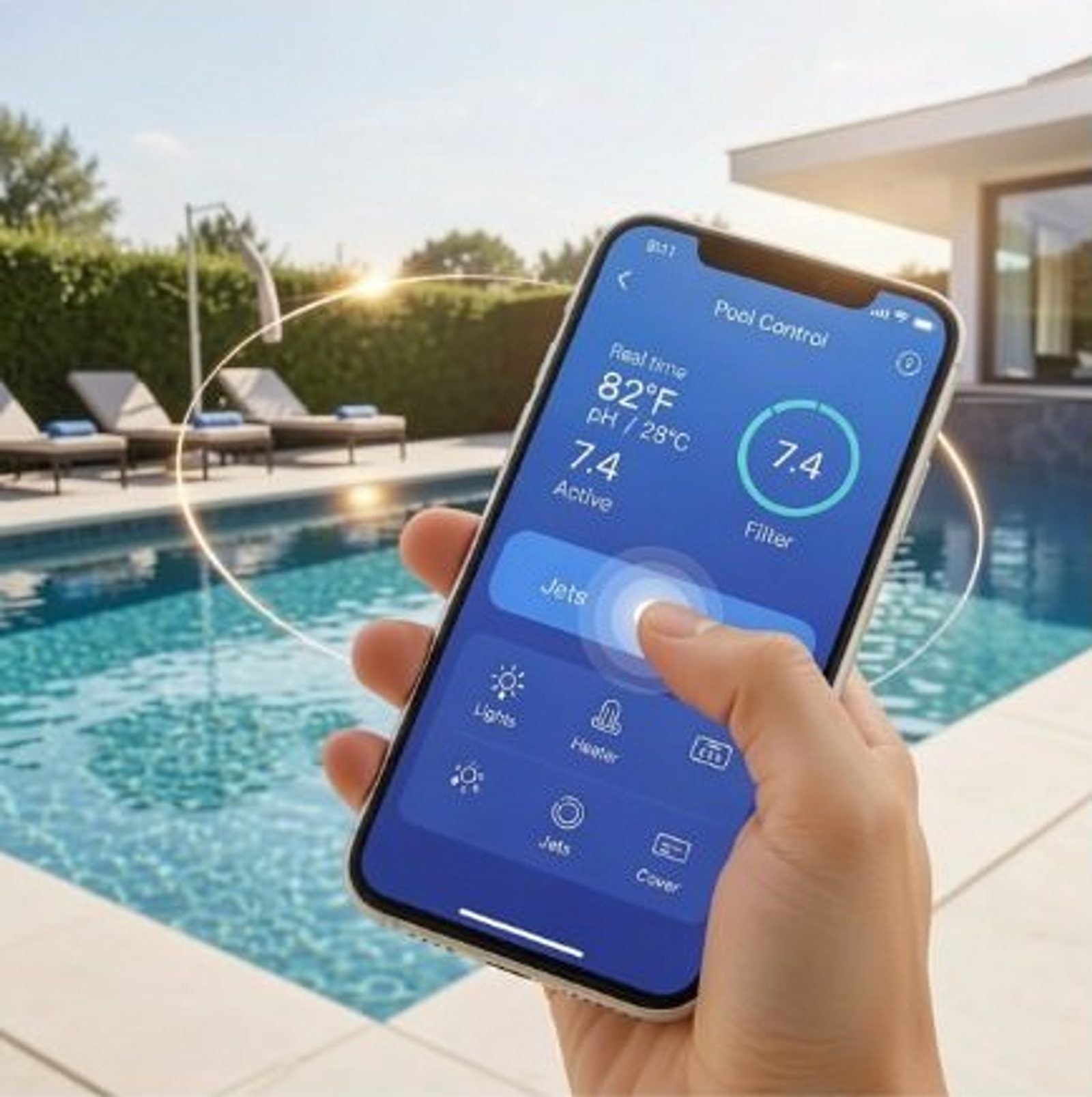 Smartphone app controlling pool temperature lights and jets in real time