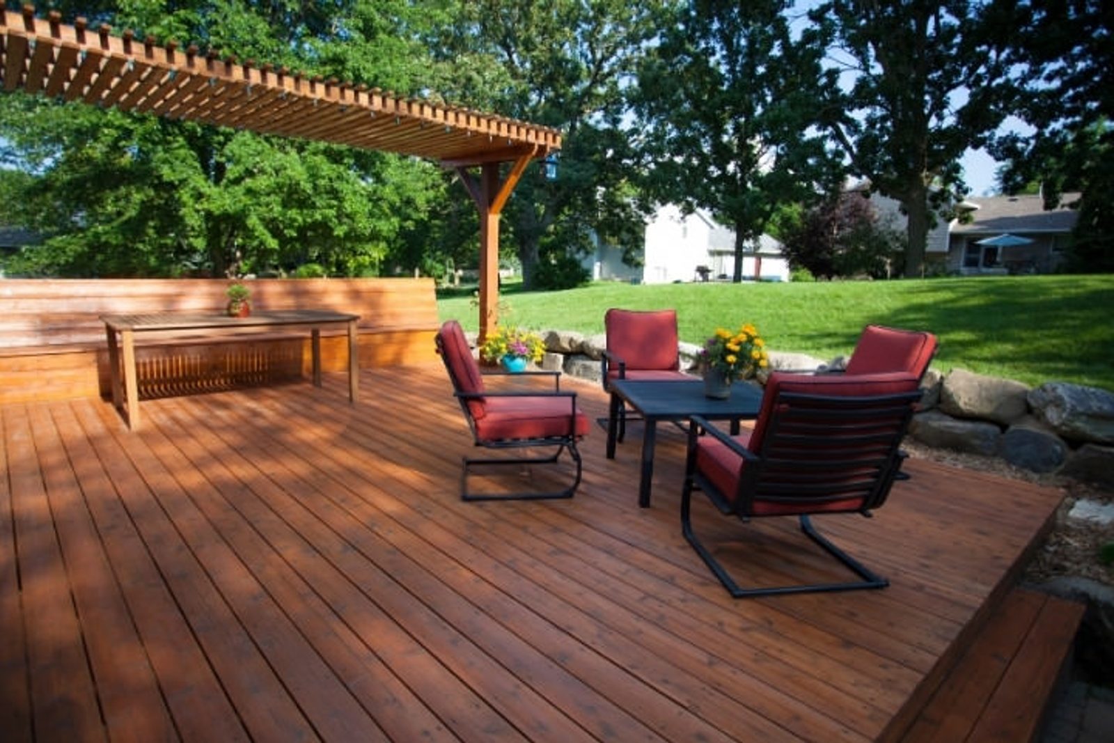 Ipe hardwood deck patio with outdoor seating and pergola