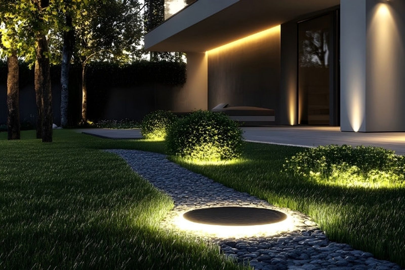 Outdoor landscape lighting design with pathway lights, uplighting, and modern backyard ambiance