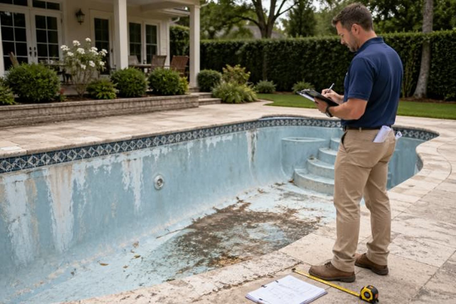 East Texas pool builder inspecting pool shell before renovation