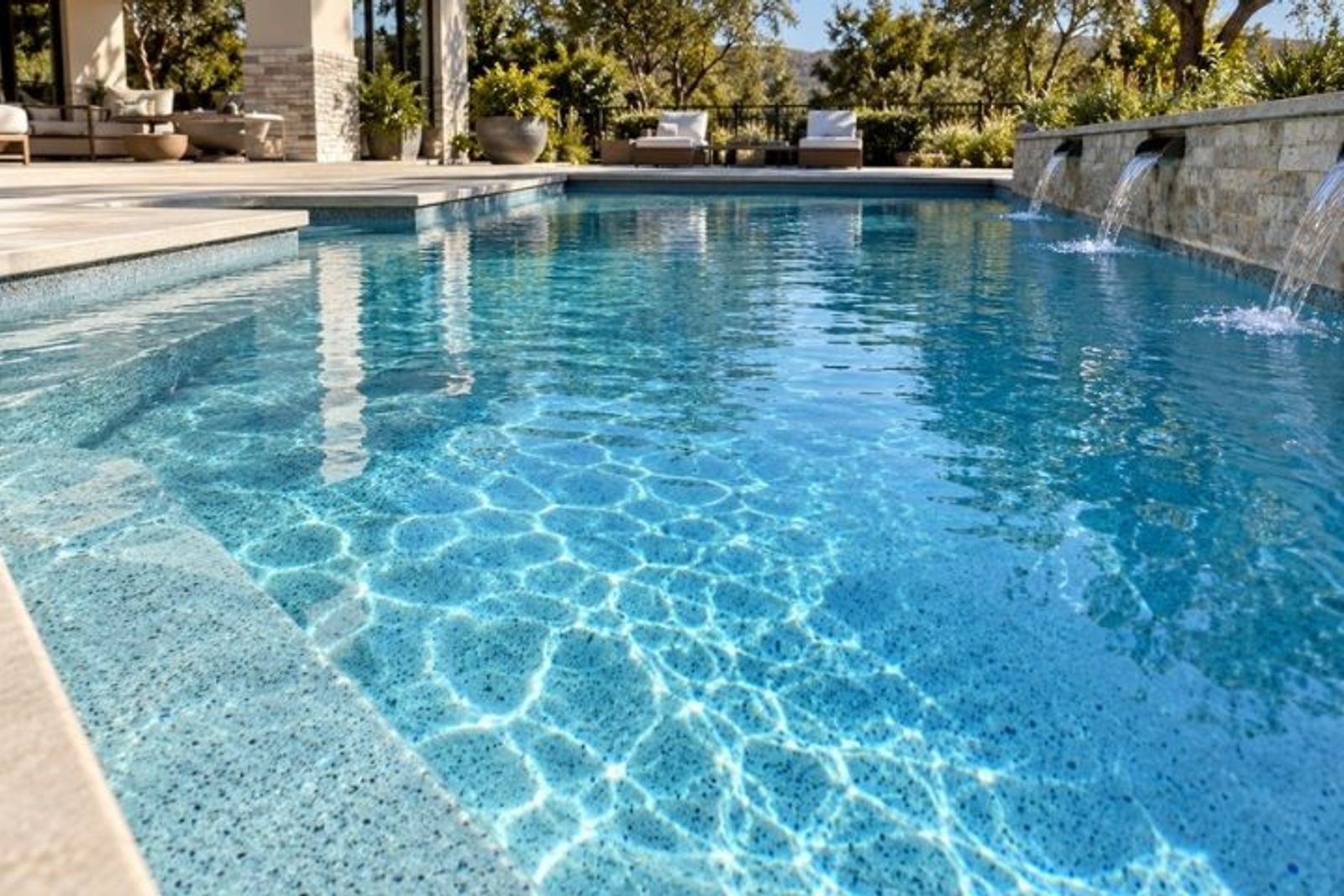 Backyard Humble swimming pool with a blue quartz interior finish and water features