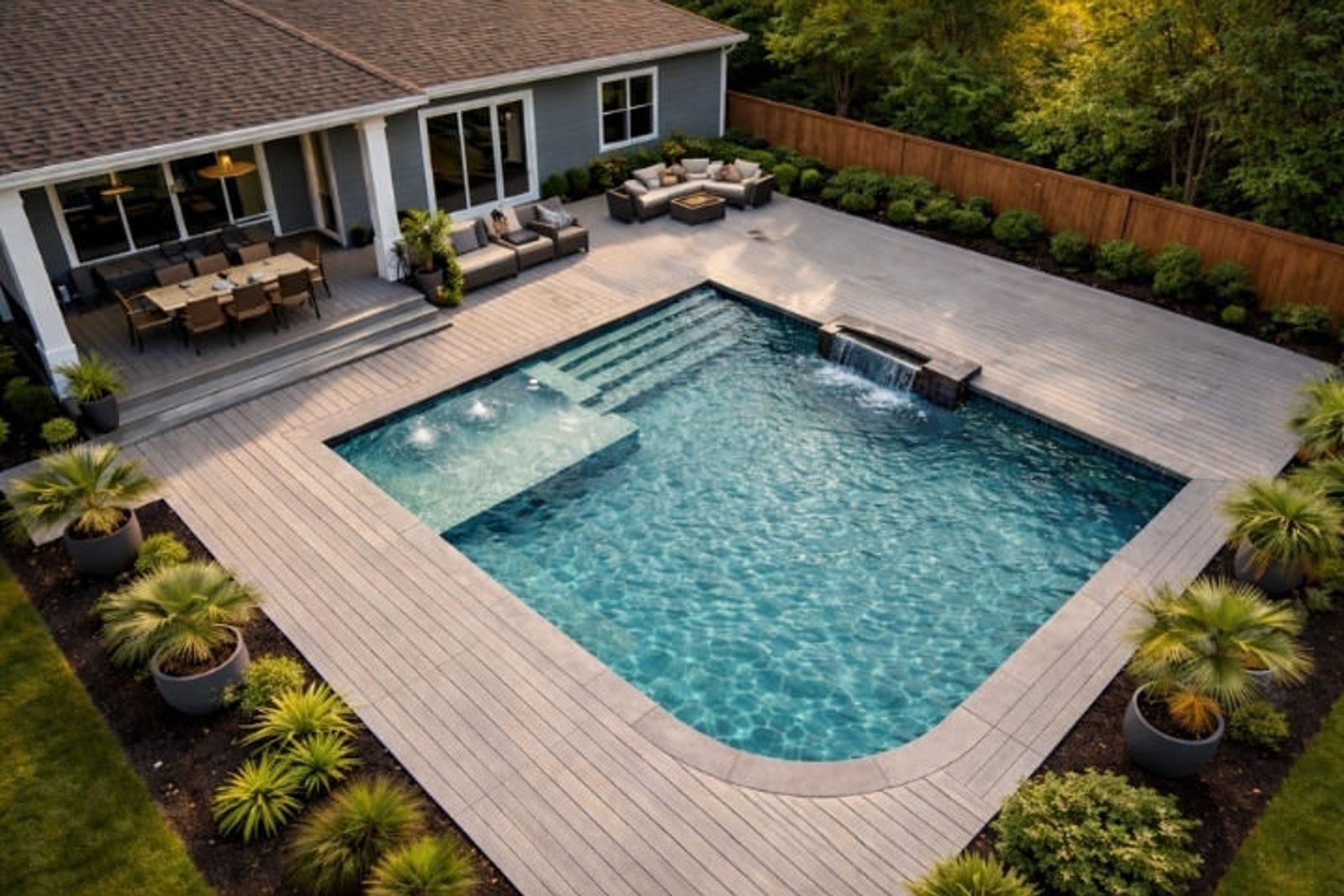 Aerial view of a modern backyard pool with a light gray PVC deck