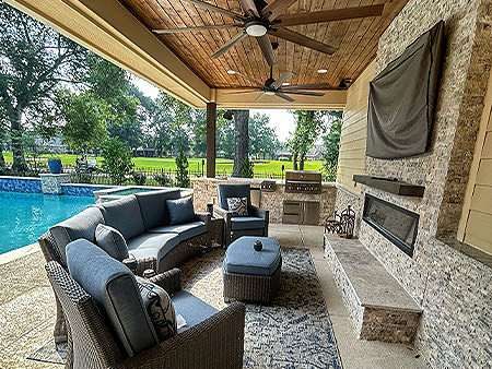 Outdoor living space with pool view