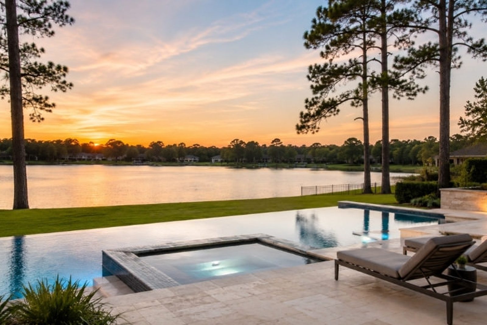 Modern infinity pool with integrated spa overlooking a lake in a Houston backyard