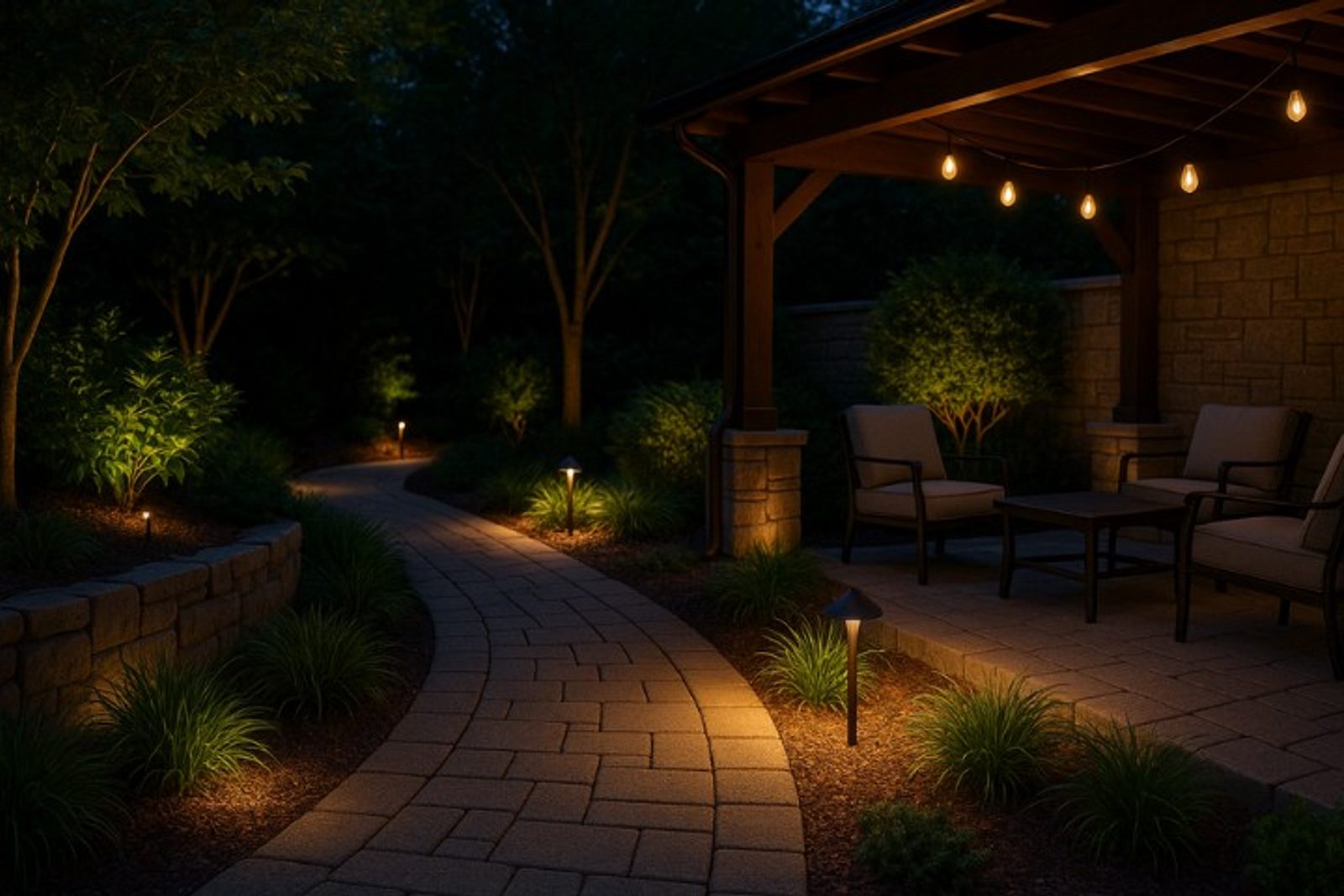 Covered patio with wood pergola and warm string lights and pavement lighting for a cozy, timeless look