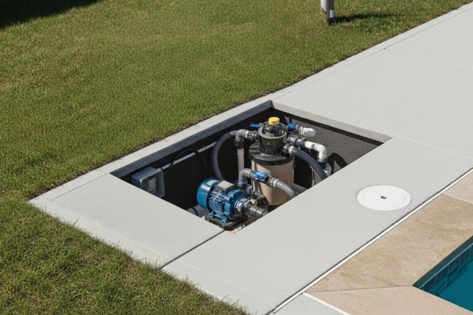 Pool pump and filtration equipment installation phase in pool build