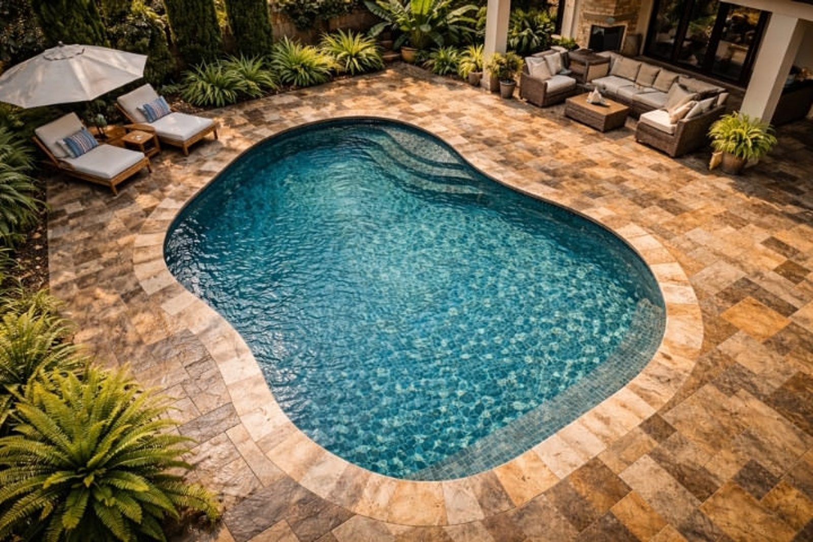 Natural stone pool deck adding warmth and texture to a modern outdoor space