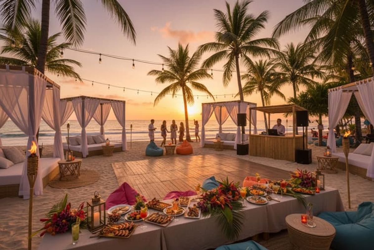 A rooftop bar at dusk overlooking the Lagos skyline