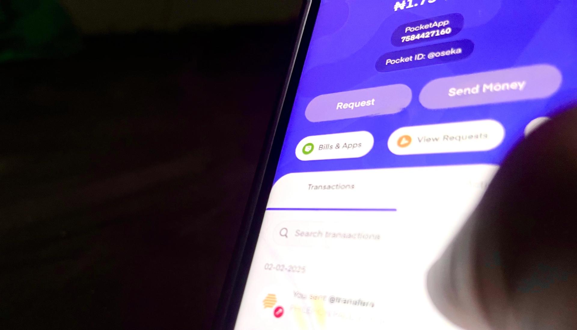 An image of a digital wallet app showing the homepage with transaction history