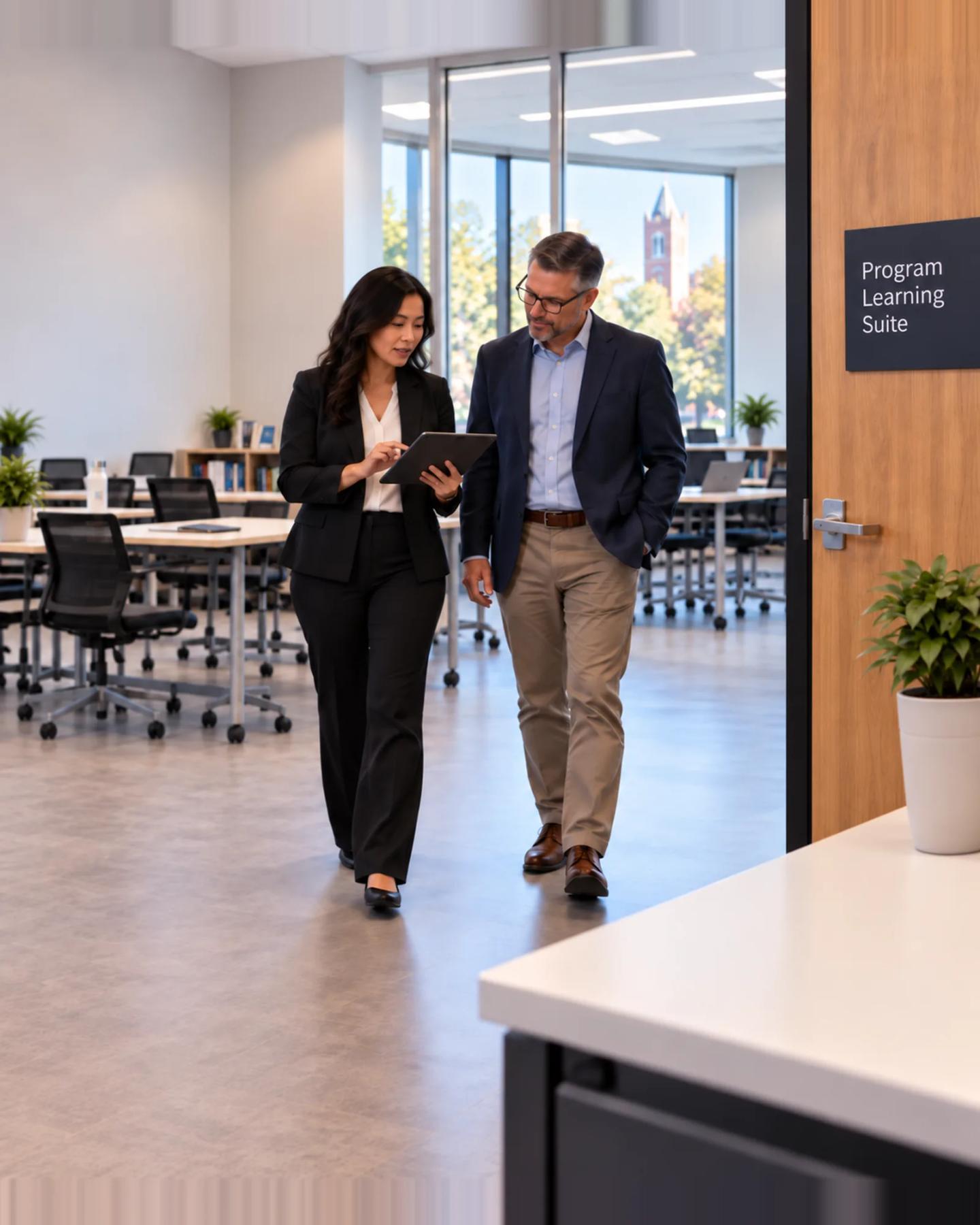 Two program leaders walking past a new program learning suite.