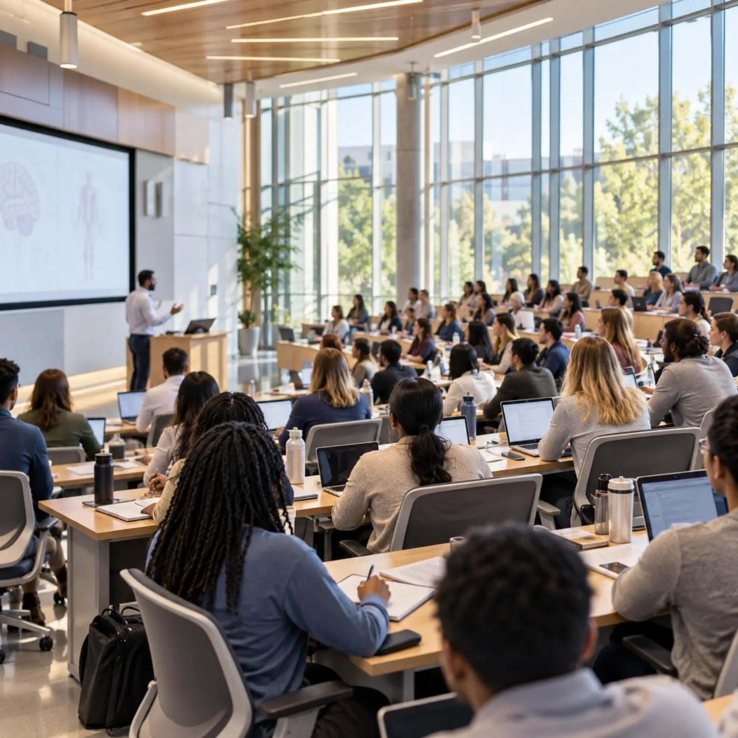 A full lecture hall of health professions students.