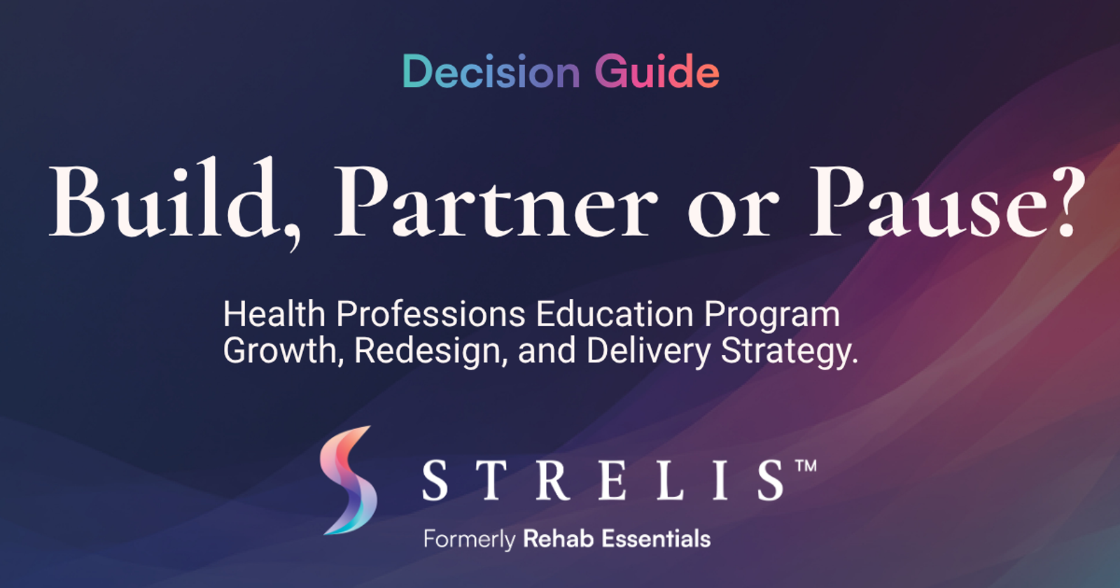 Hero slide: 'Decision Guide—Build, Partner or Pause?' with gradient blue‑pink background and STRELIS logo (Formerly Rehab Essentials).