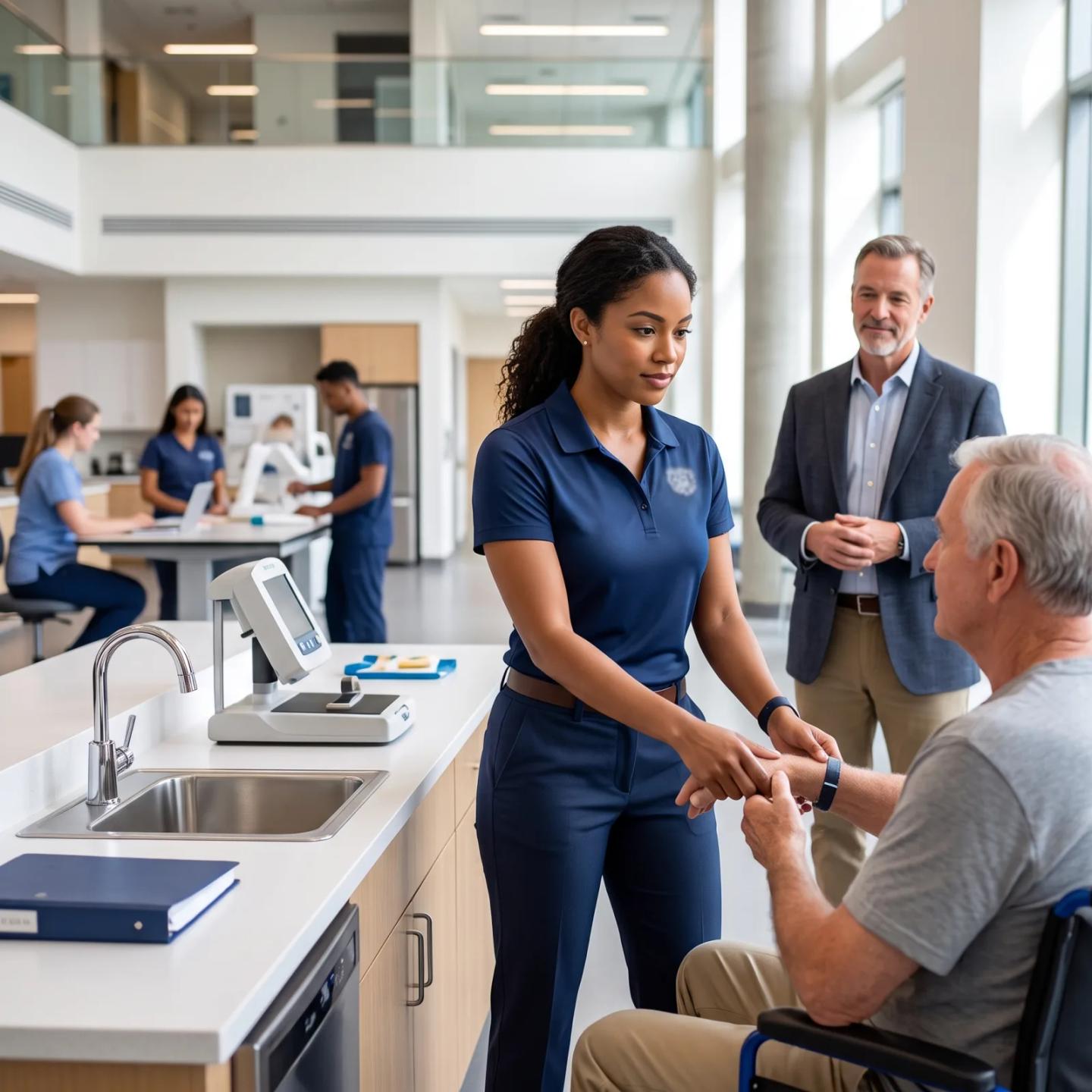 A clinical instructor guiding a patient session in a teaching clinic.