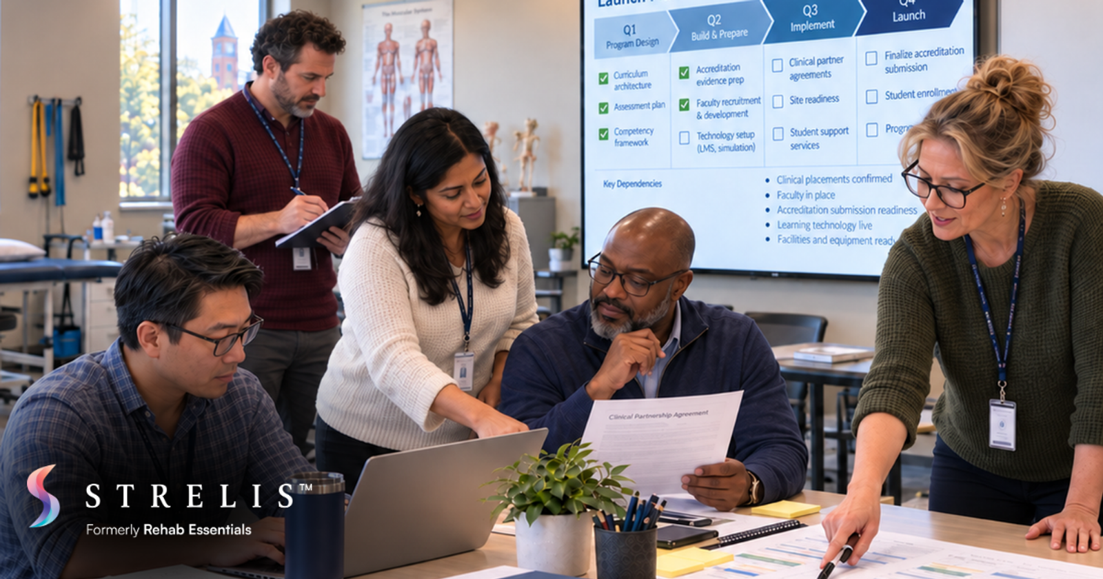 Diverse team collaborating around a table with a laptop, documents, and a large project plan on screen.