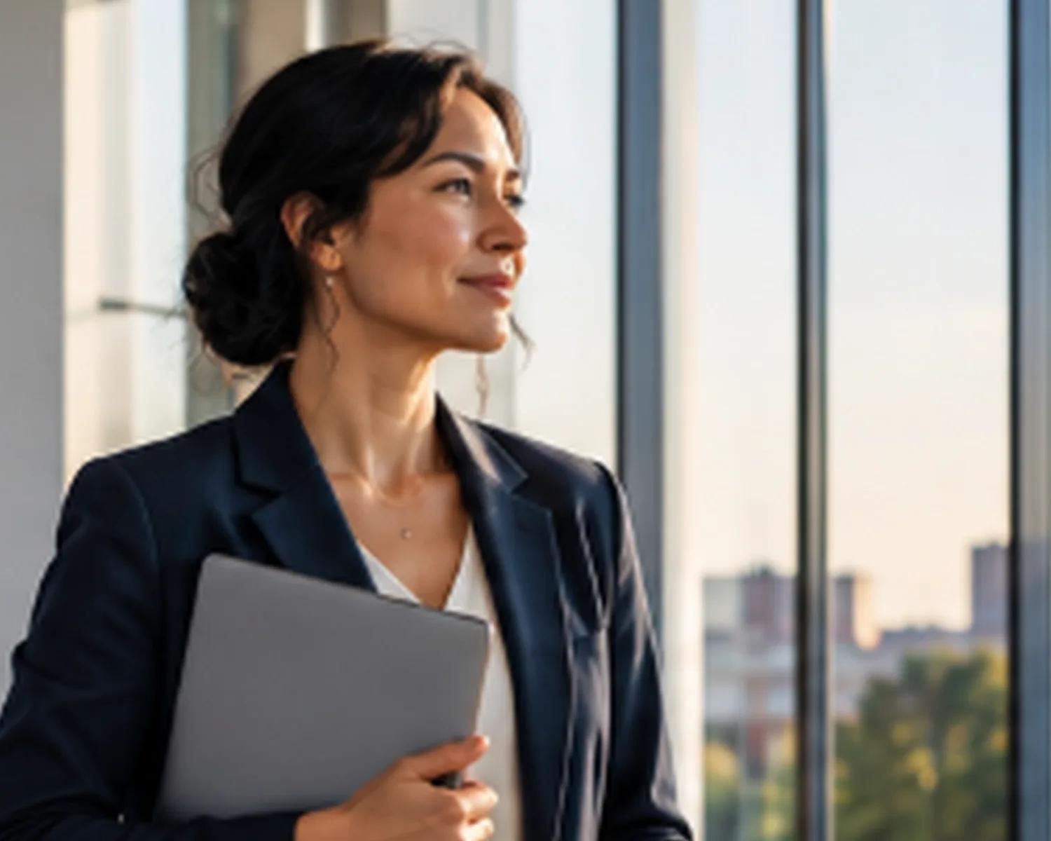 A university leader holding a laptop beside a window overlooking the city.