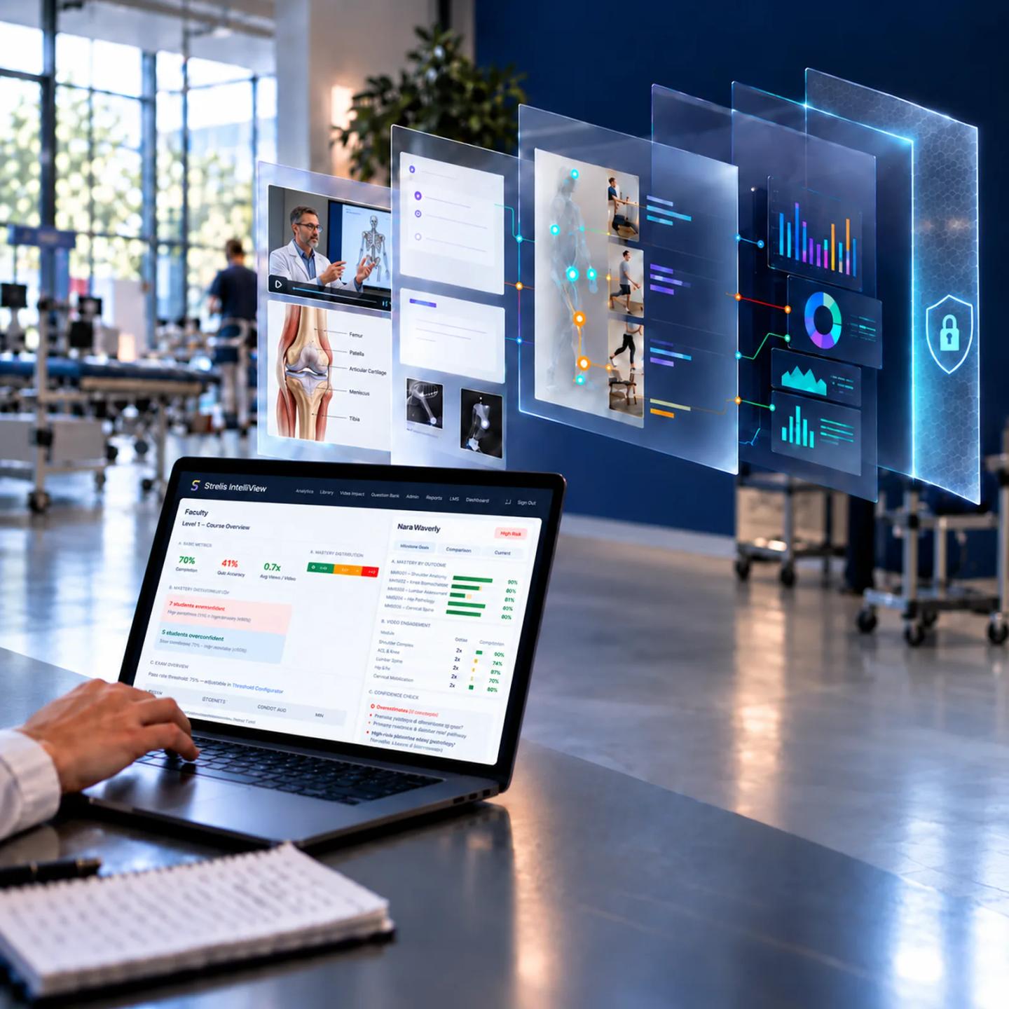 A laptop showing Intelliview analytics, with layered learning panels above it in a clinical lab.