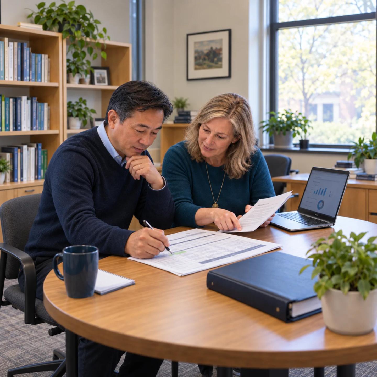 Two program leaders reviewing plans together at a library table.