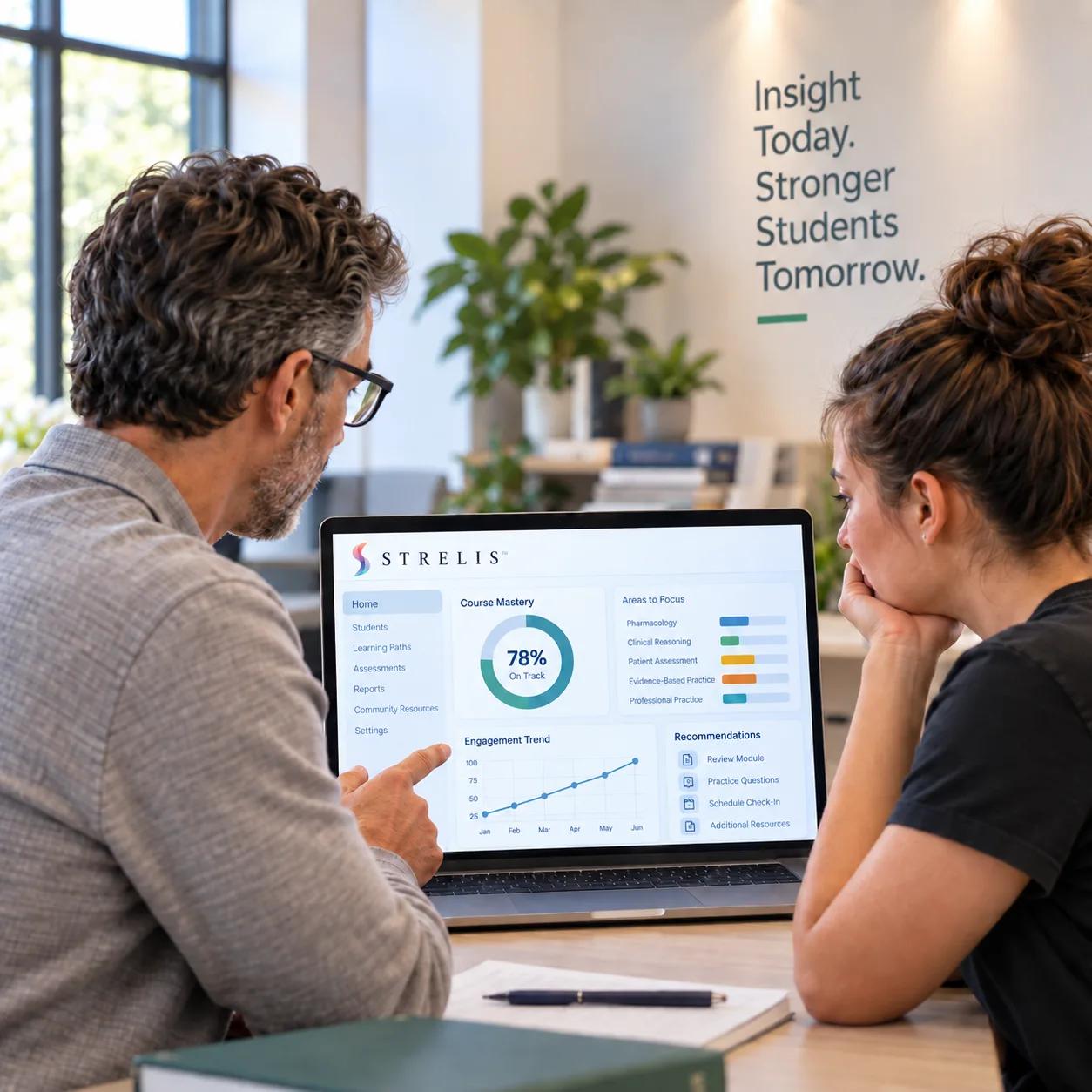 A faculty member and a student reviewing learning insights in Strelis Intelliview on a laptop.