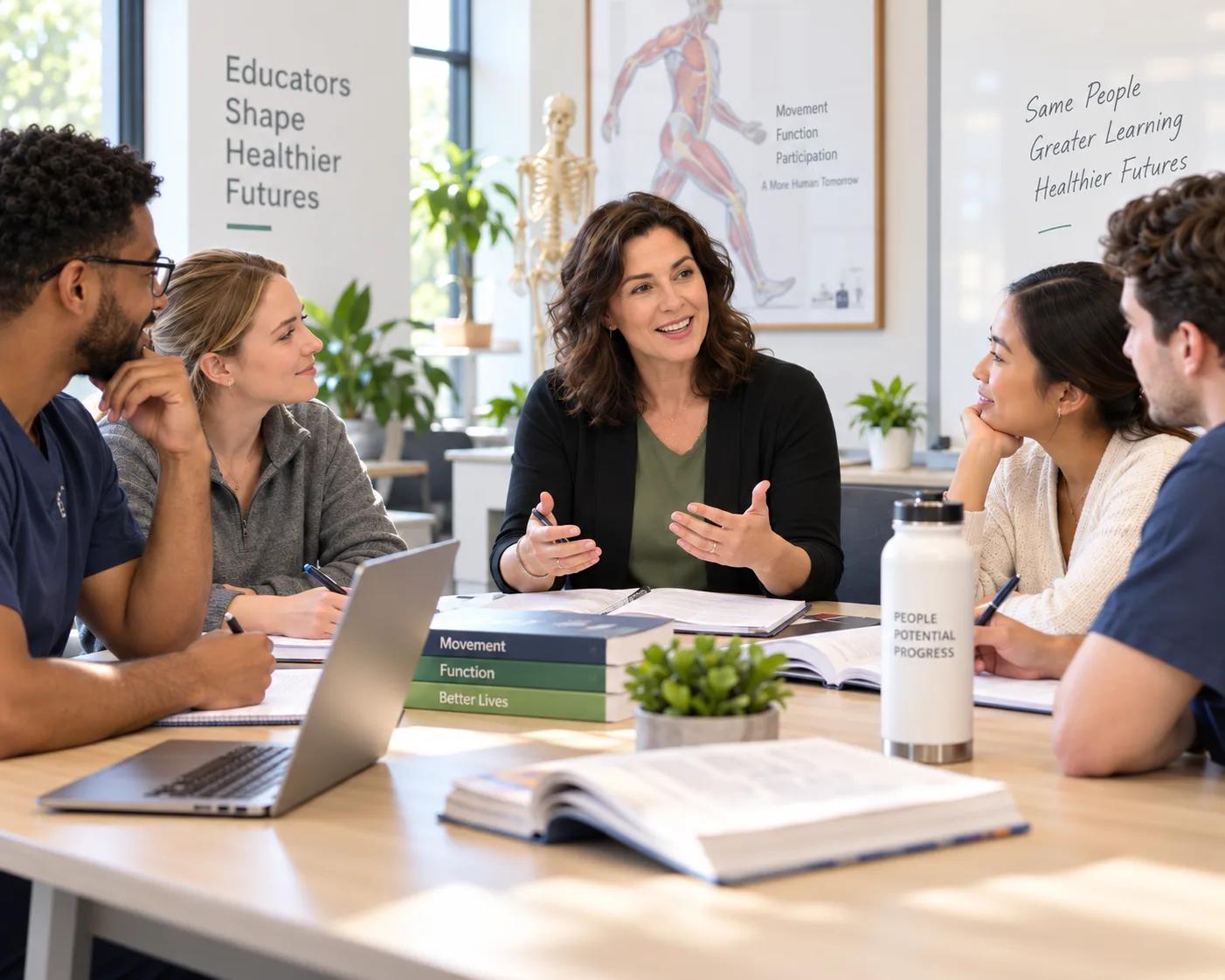 A faculty member leading a discussion with health professions students around a table.