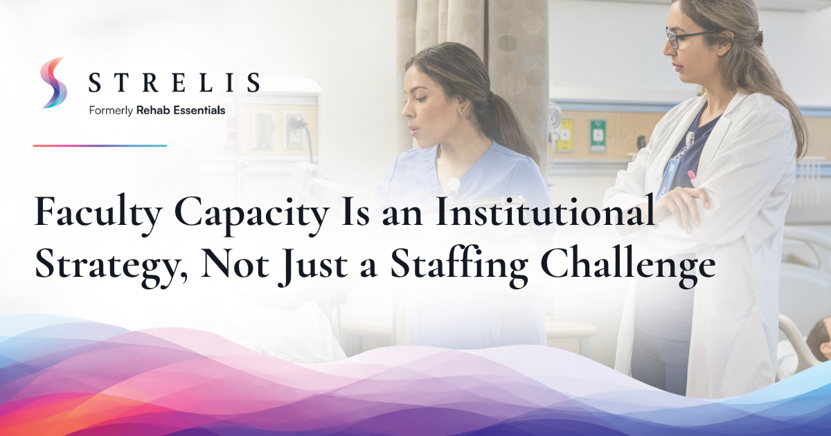 Banner advertising a healthcare staffing article with STREIS branding and two nurses in a hospital room, over a colorful wave design.