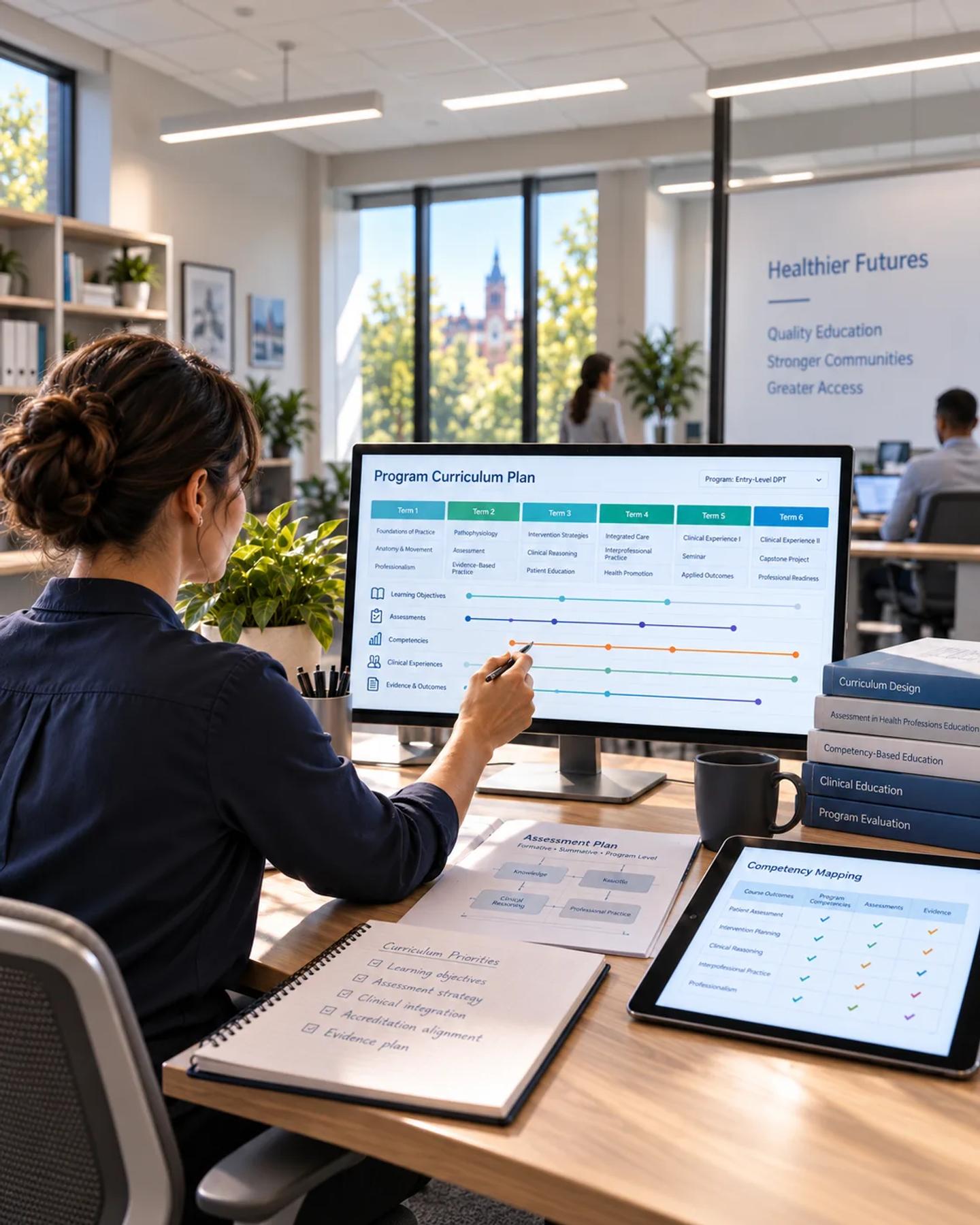 An educator building a program curriculum plan on screen.