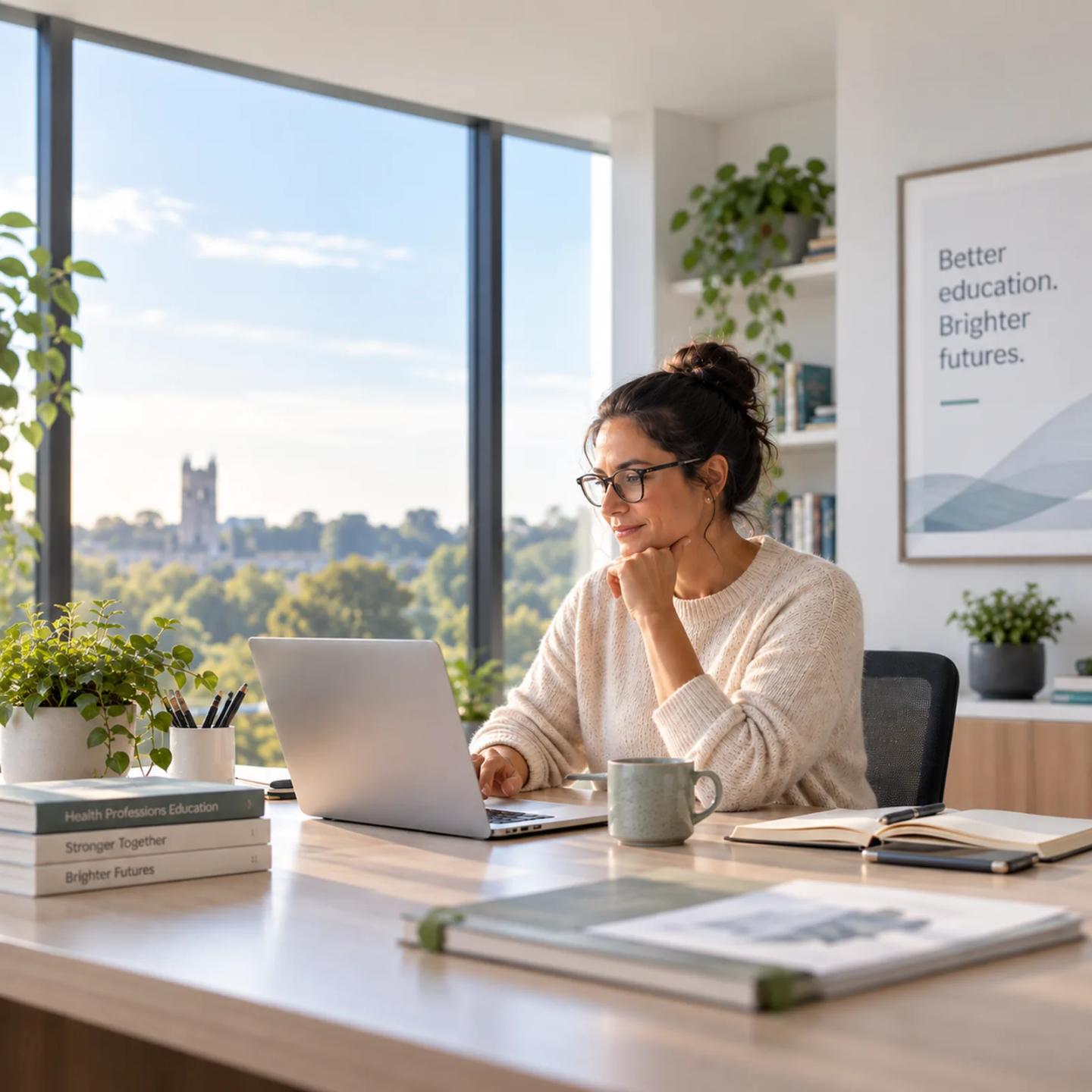 A Strelis team member working on a laptop beside a bright window.