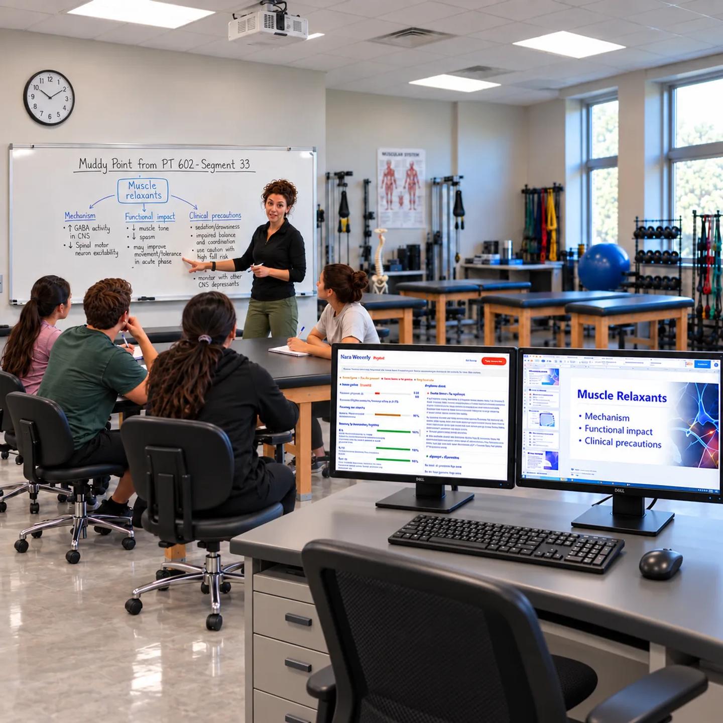 An instructor teaching in a clinical skills lab while learning data appears on the classroom monitors.