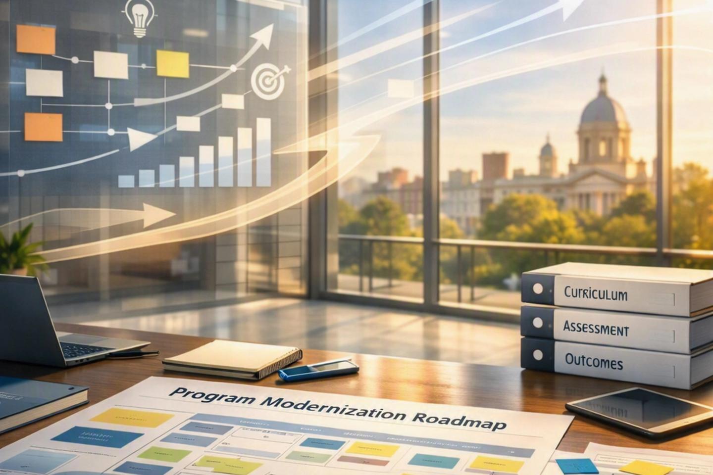 A program modernization roadmap on a meeting room screen.
