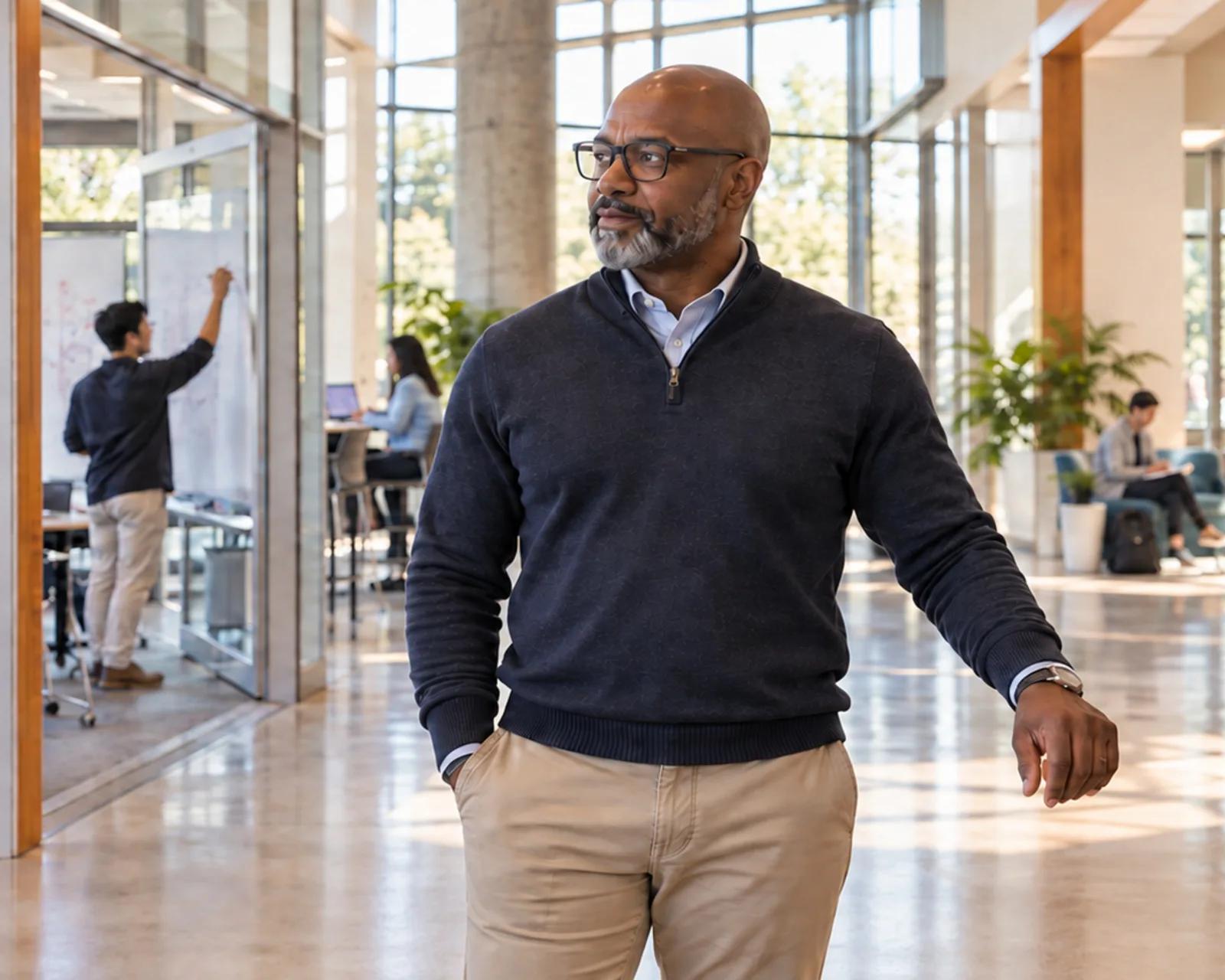 A program director walking through a bright academic building.