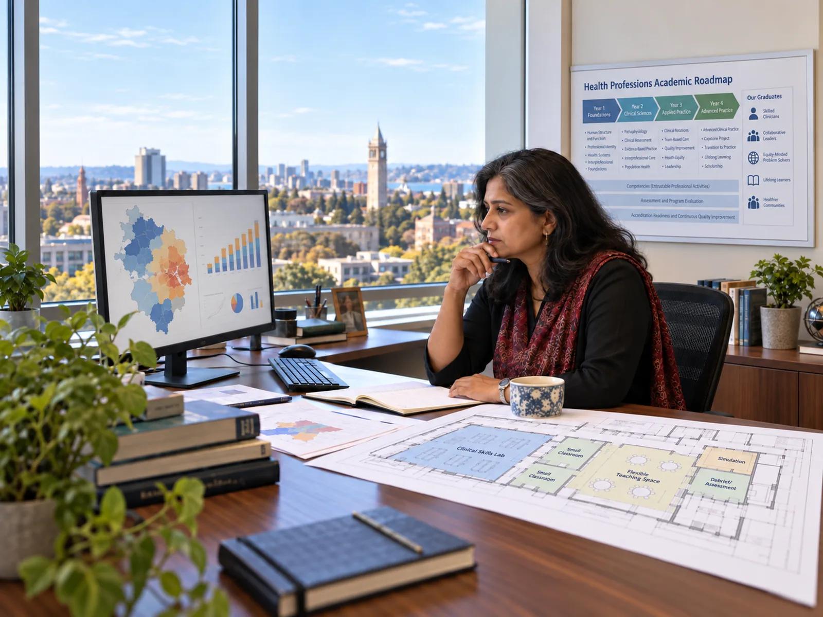An academic leader reviewing a health professions program roadmap at her desk.