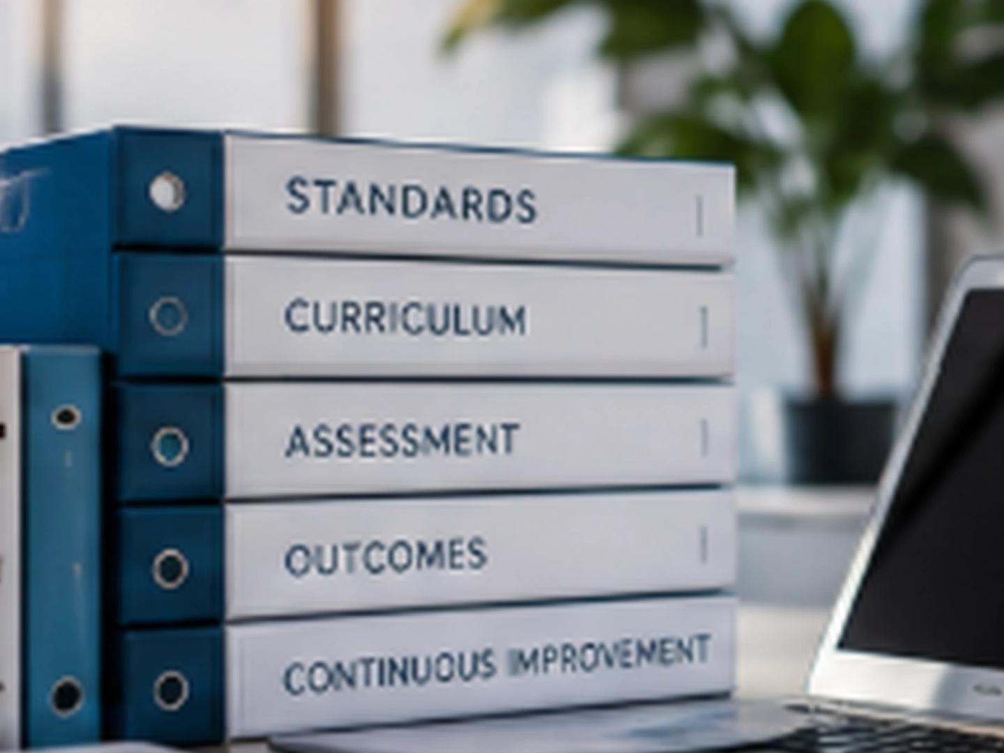 Accreditation binders for standards, curriculum, assessment, outcomes and continuous improvement beside a laptop.