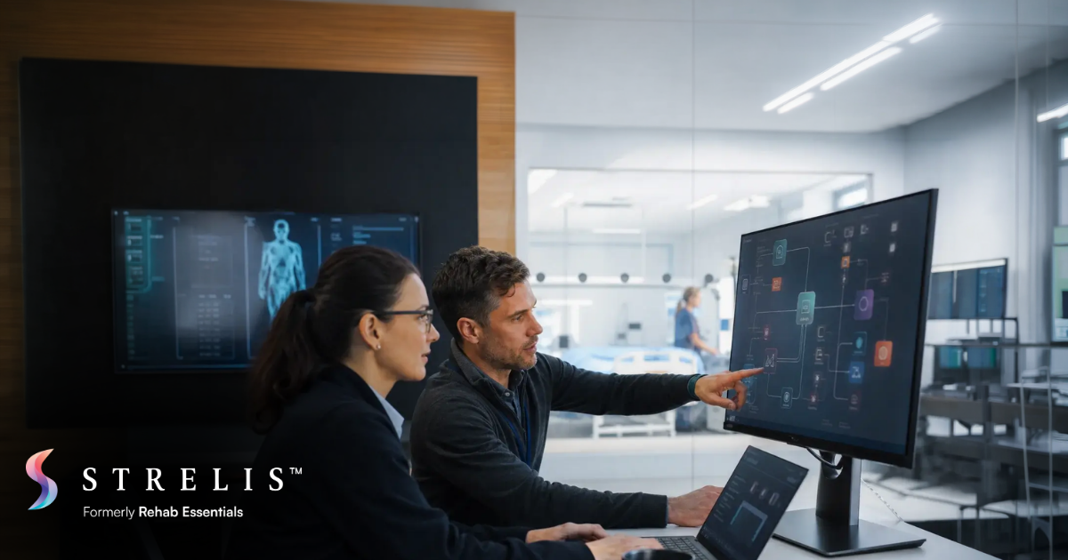 Two professionals in a modern lab review a large touchscreen displaying a medical workflow, with the STRElis logo visible in the corner.
