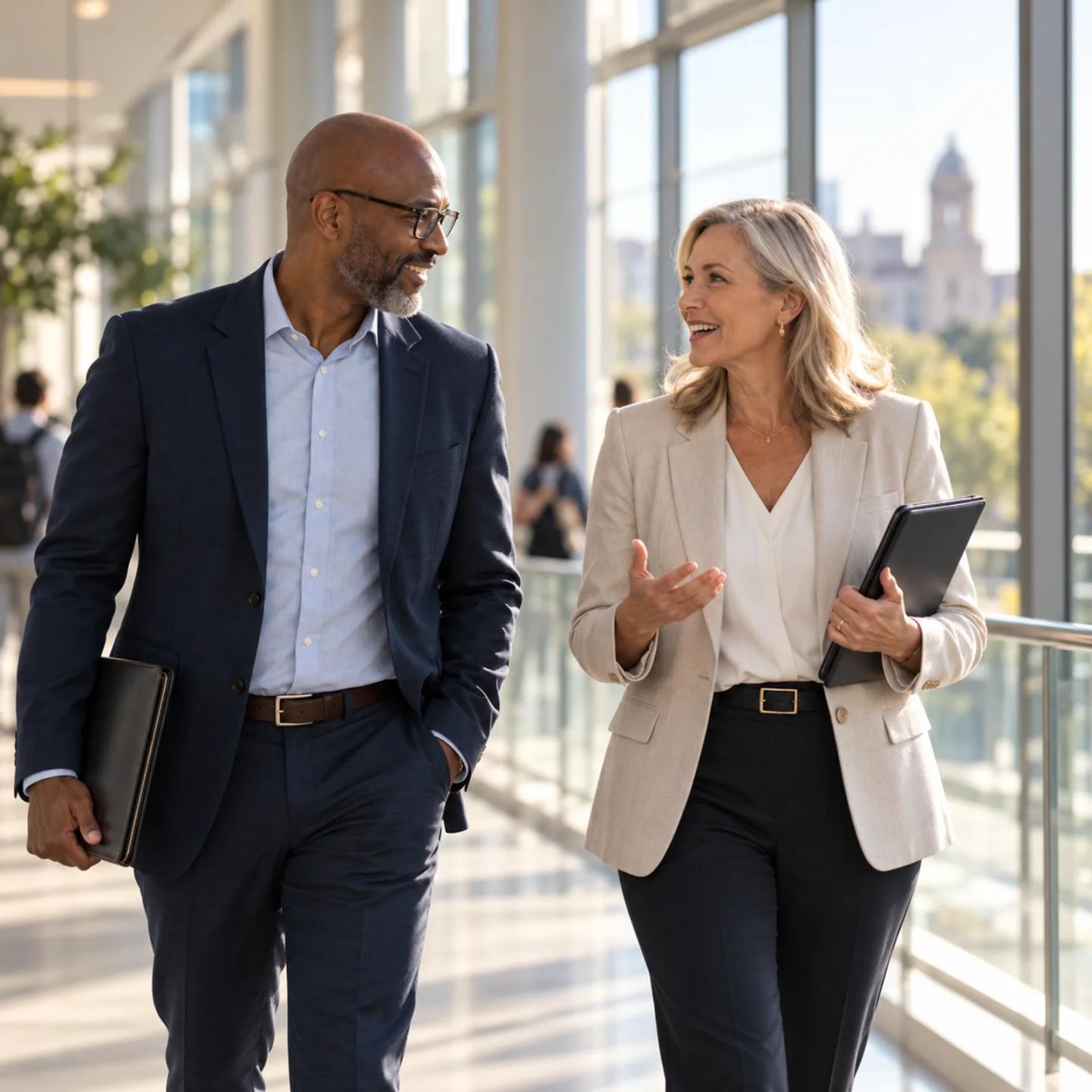 Two university leaders walking and talking through a campus building.