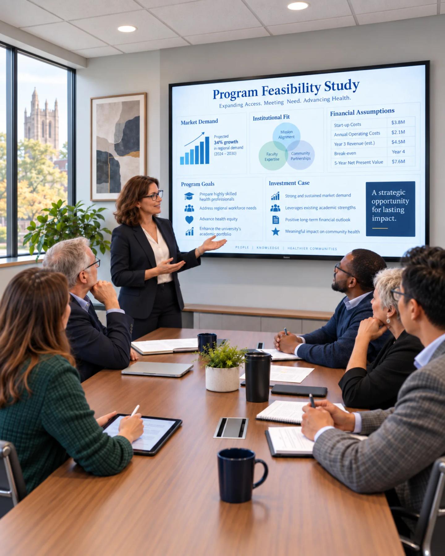 A leader presenting a program feasibility study to a planning team.