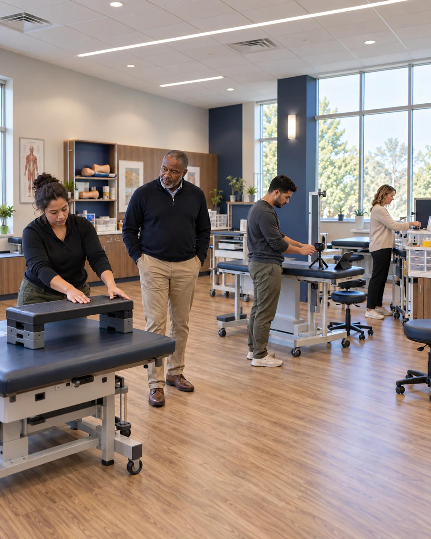 Faculty and students working in a physical therapy teaching lab.
