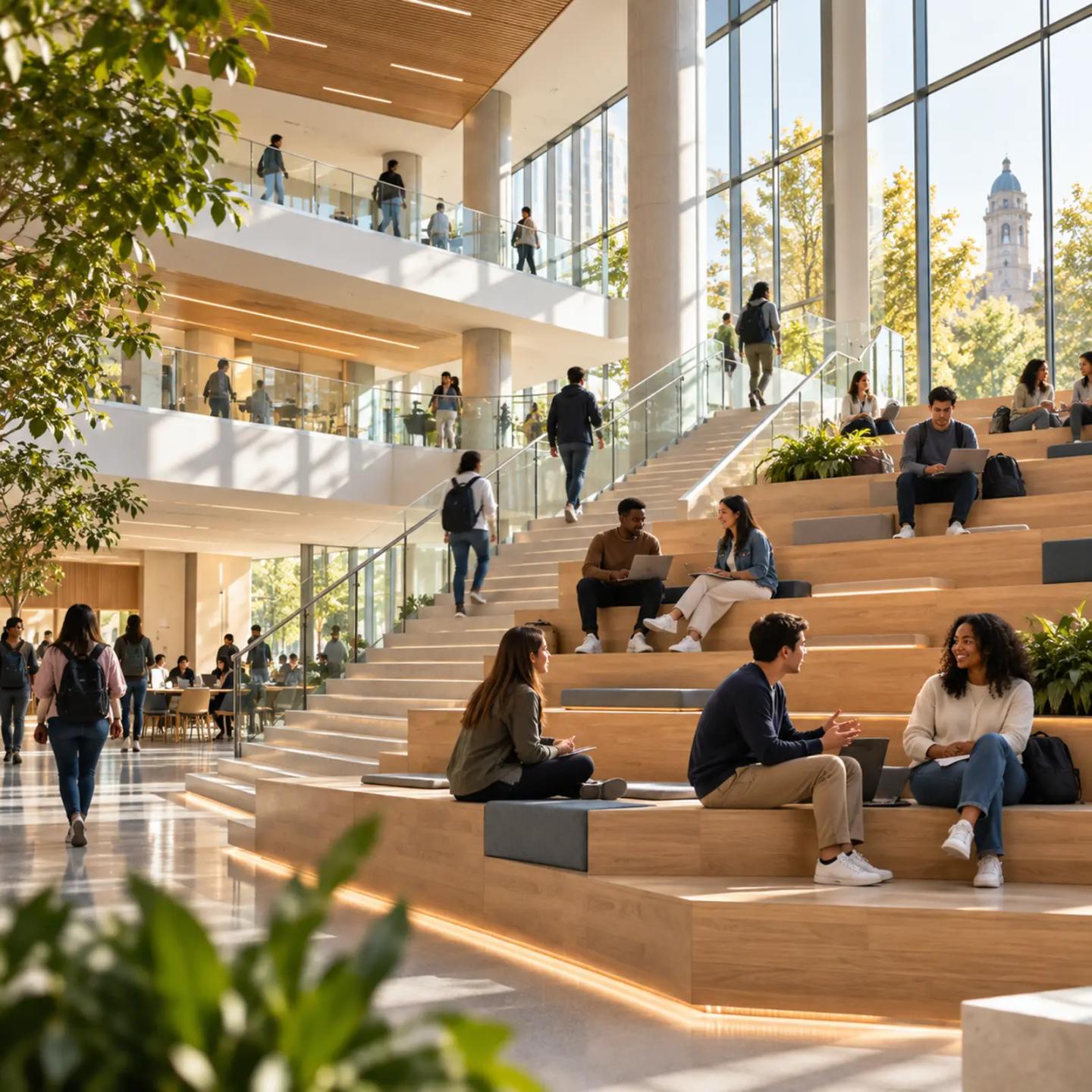 Students collaborating across a bright, modern academic atrium.