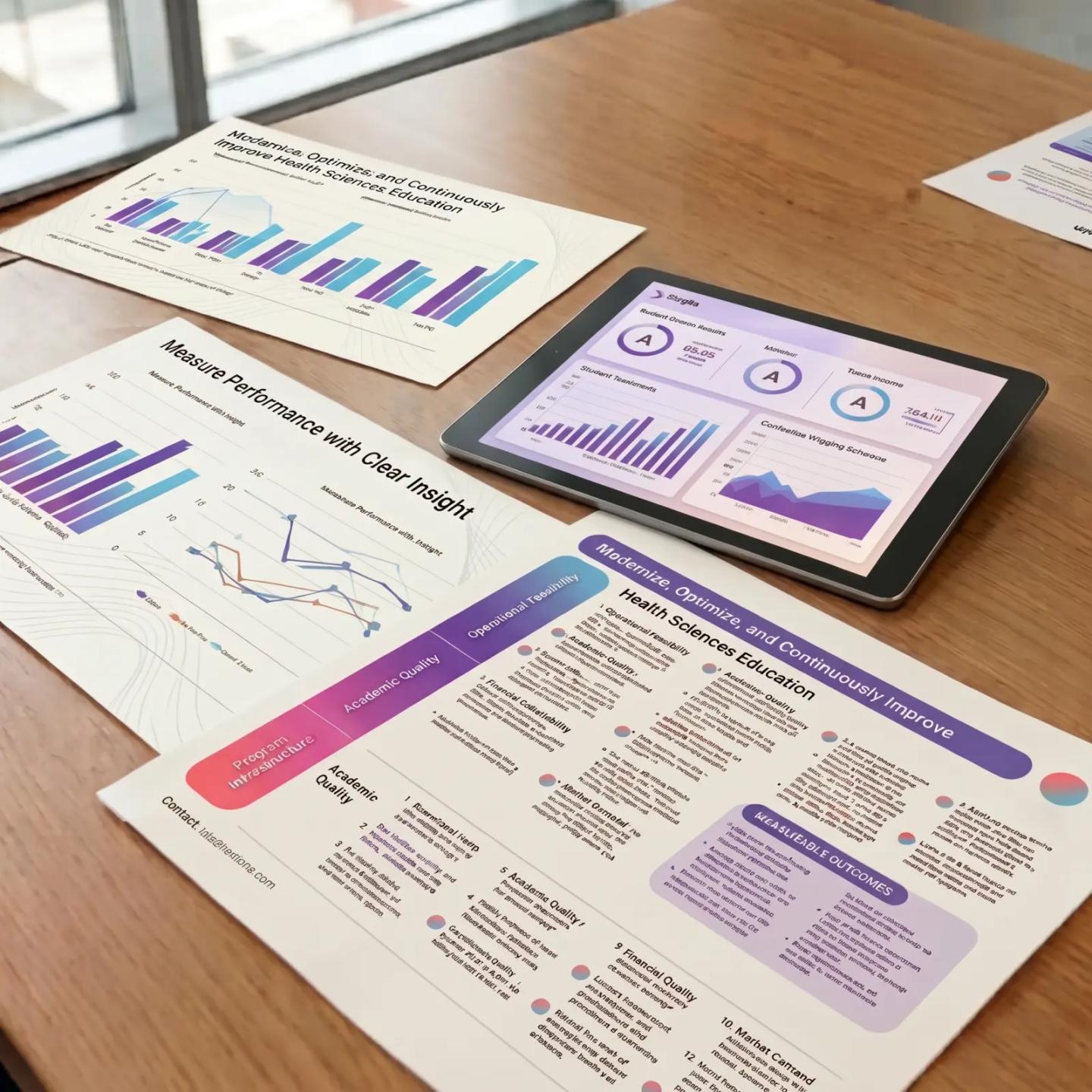 Program performance reports and a tablet dashboard on a desk.