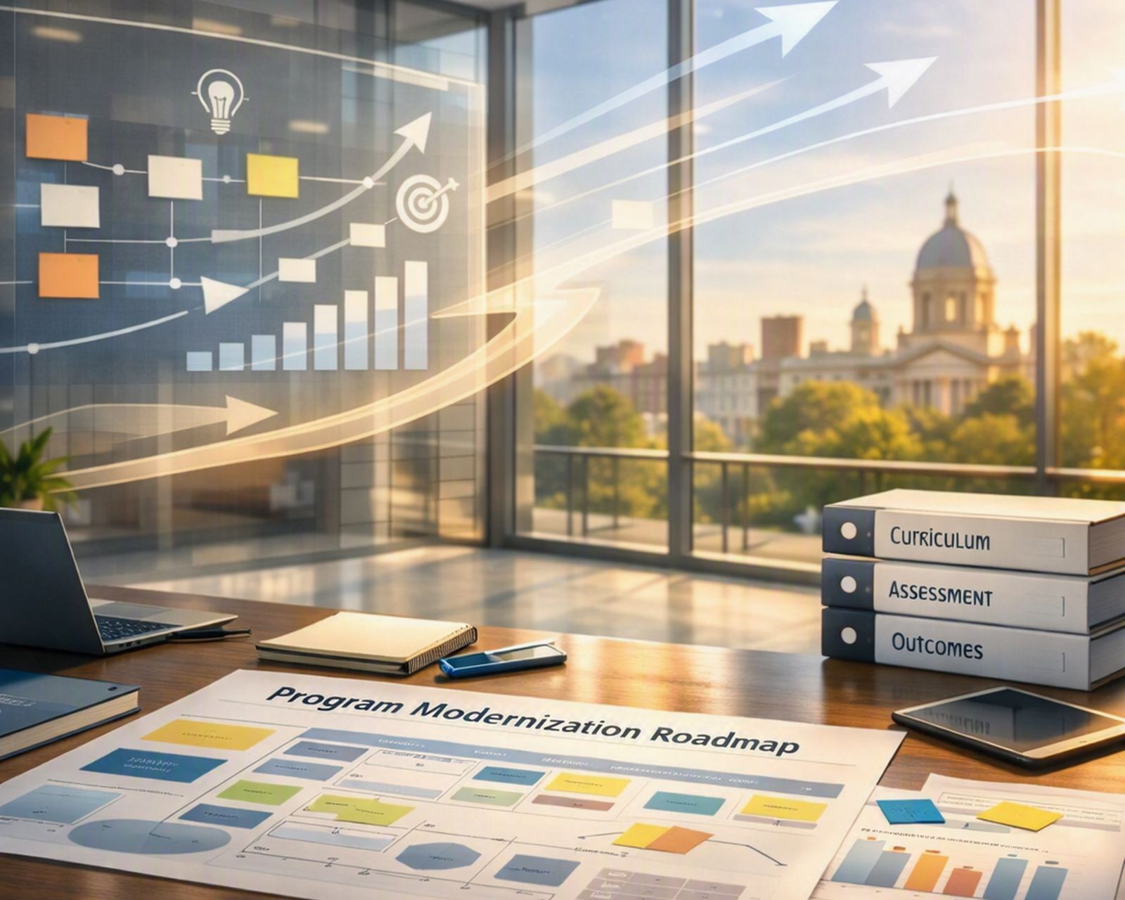 A program modernization roadmap laid out on a desk overlooking a campus.