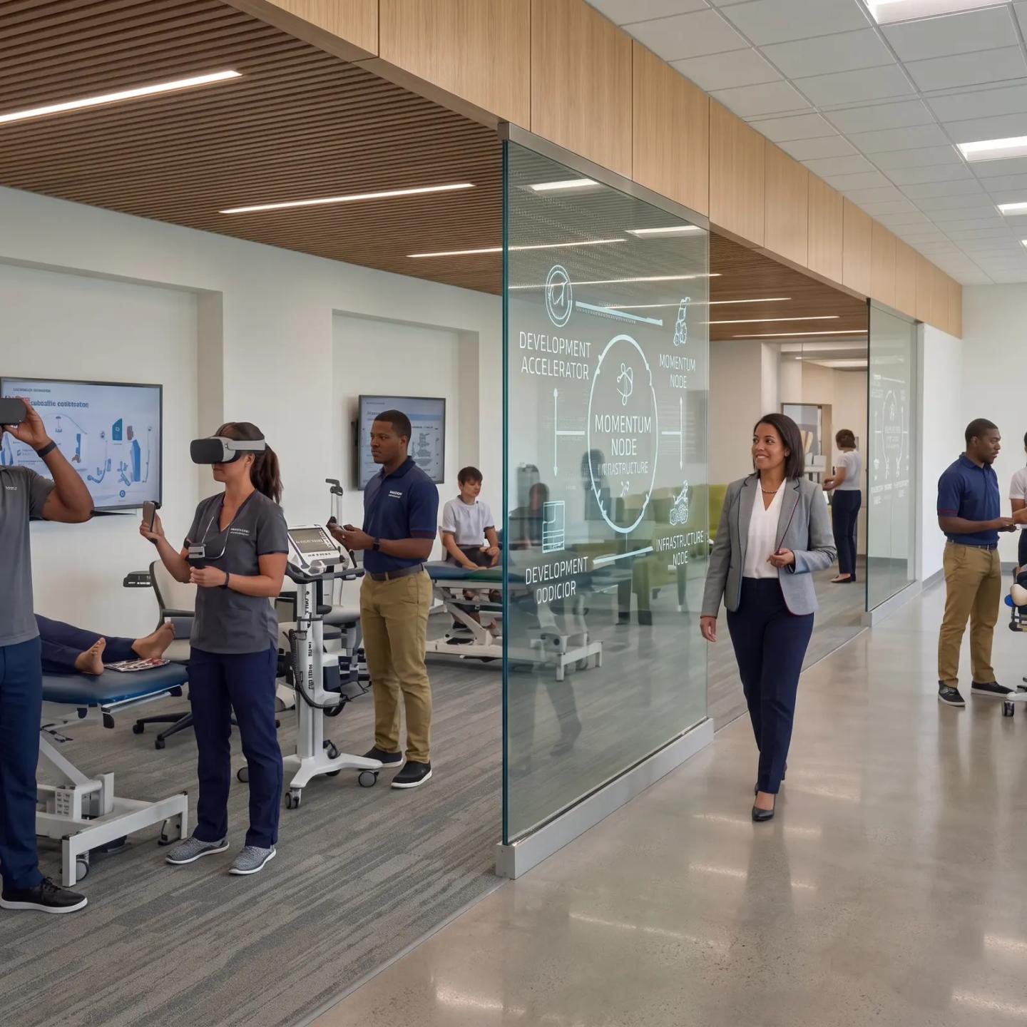 A rehabilitation lab with students training in virtual reality.