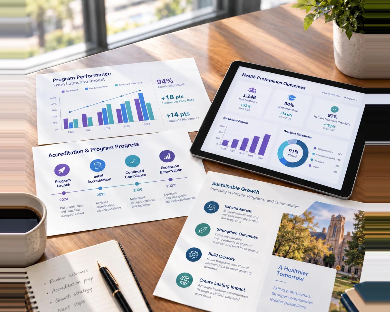 Program performance reports and an outcomes dashboard on a desk.