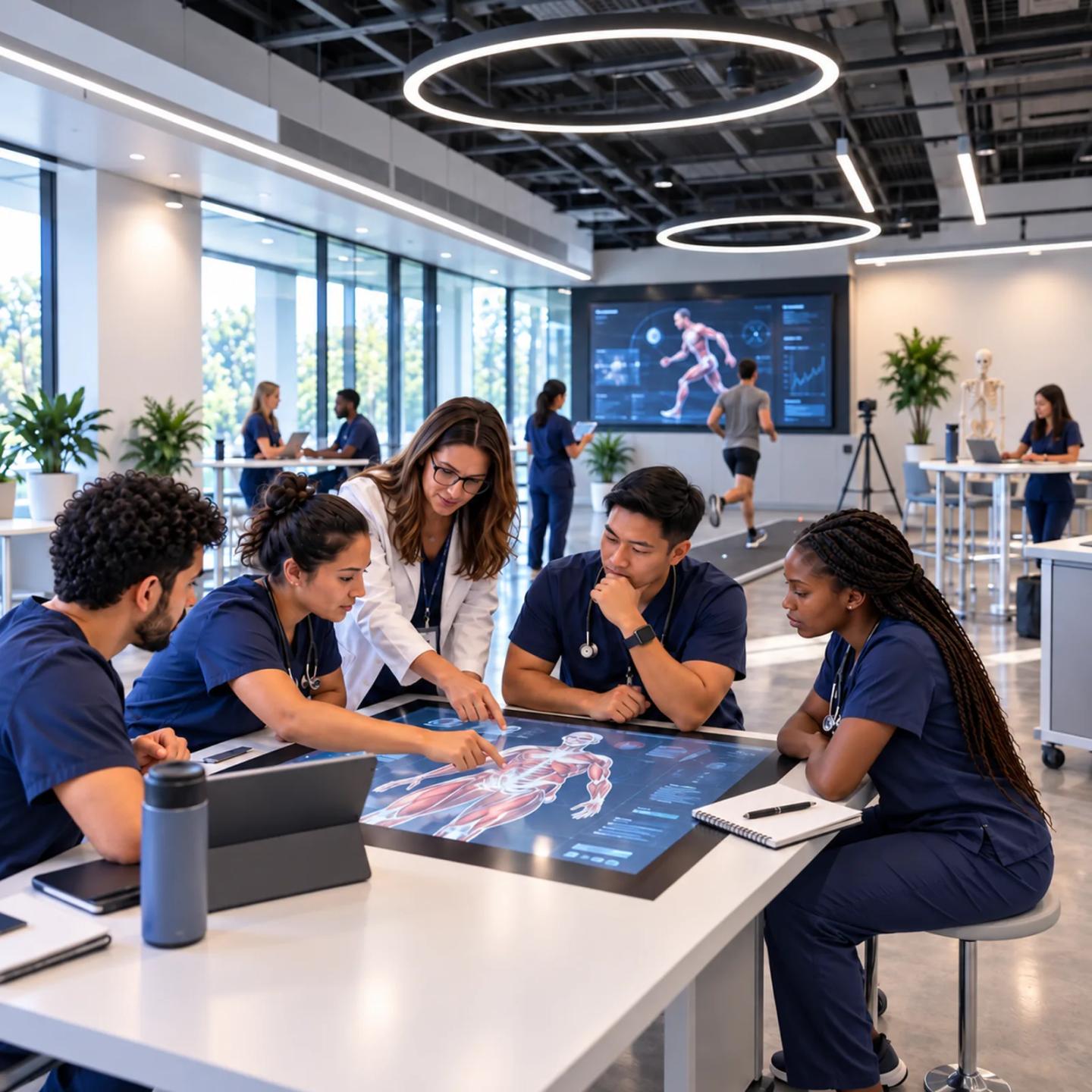 Students and faculty learning together around an interactive anatomy table.